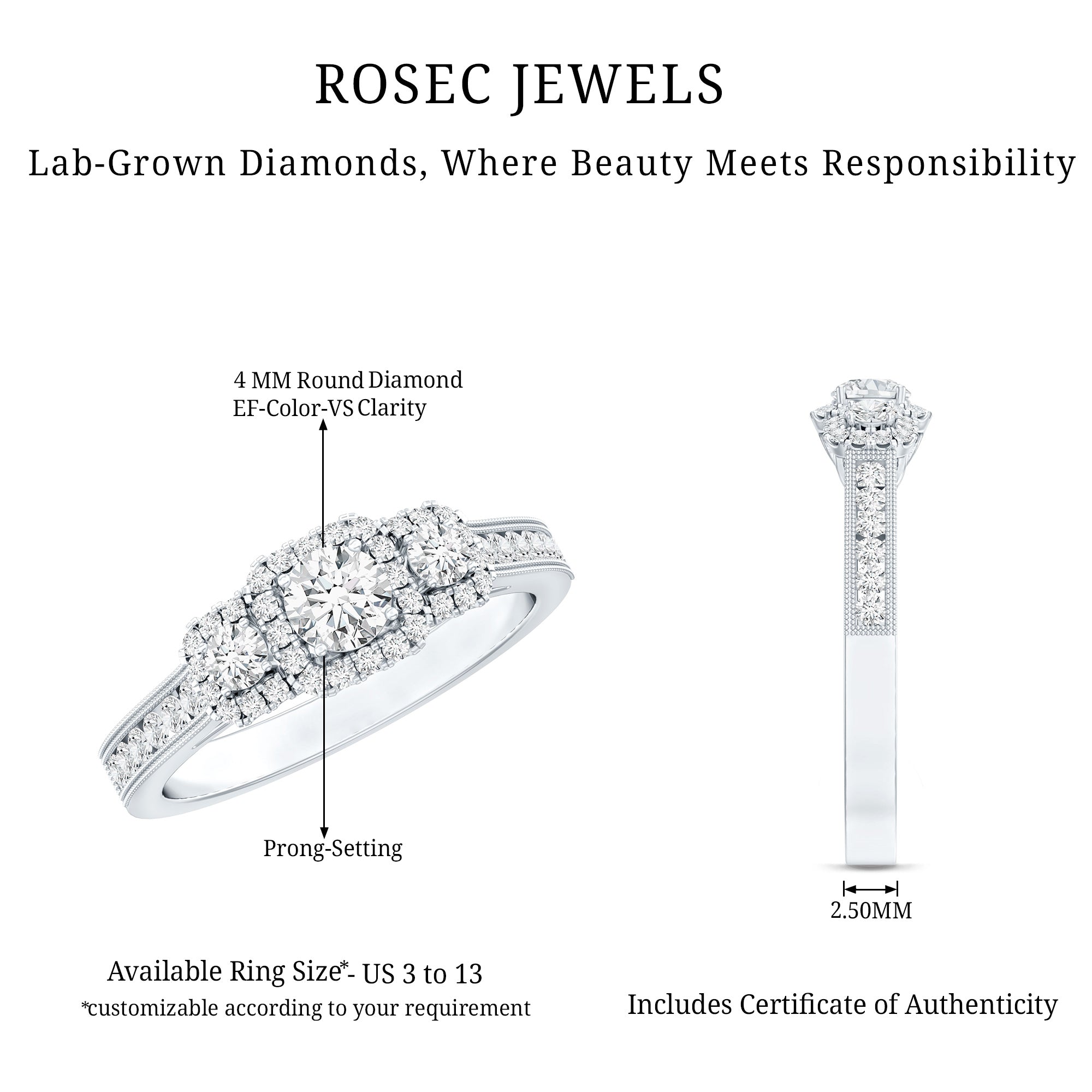 Certified Lab Grown Diamond Three Stone Engagement Ring Lab - ( EF-VS ) - Rosec Jewels