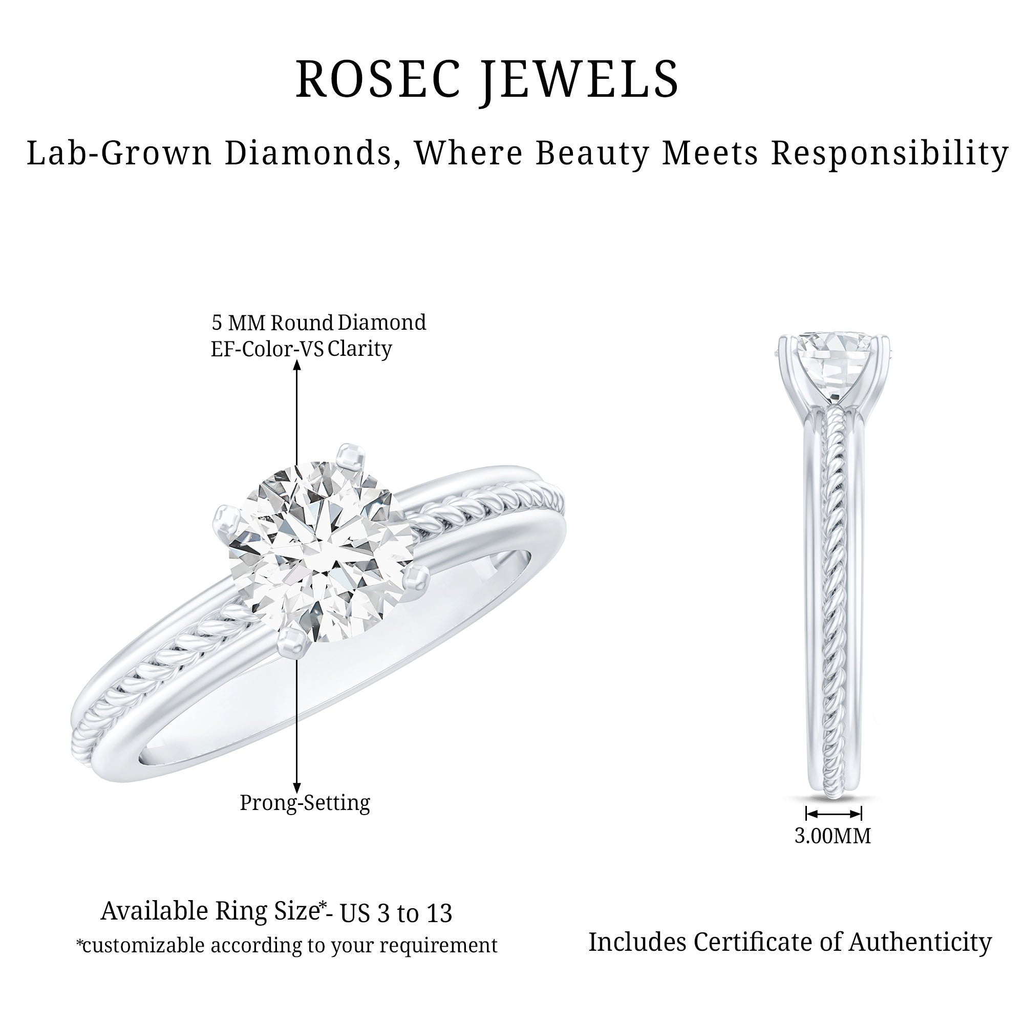 Rosec Jewels-Certified Lab Grown Diamond 5 MM Round Solitaire Promise Ring