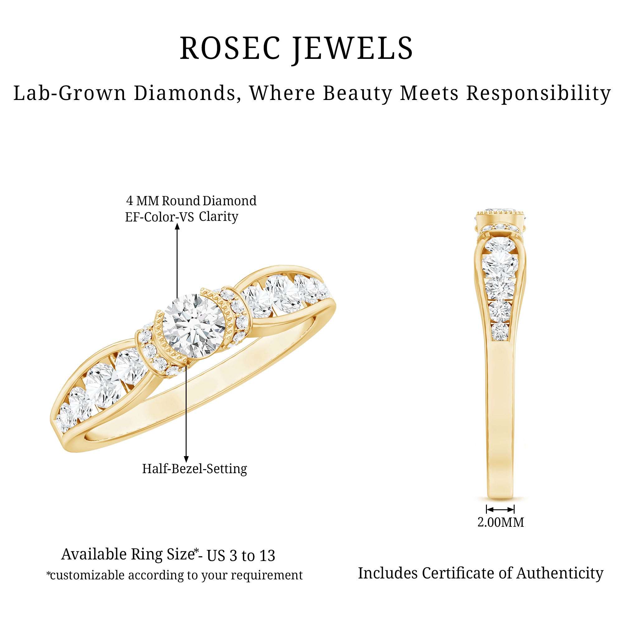Certified Lab Grown Diamond Minimalist Engagement Ring Lab - ( EF-VS ) - Rosec Jewels