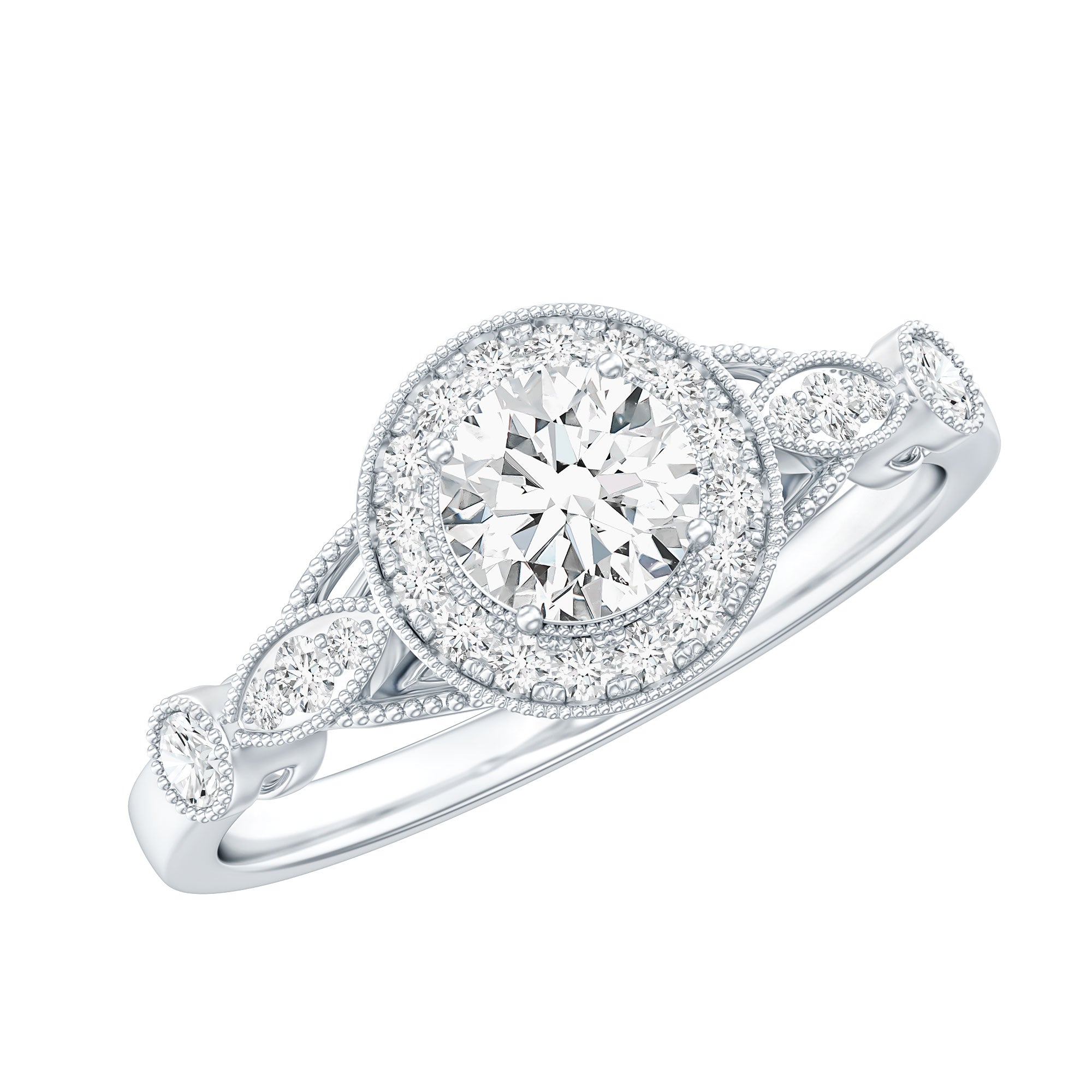 Certified 5 MM Lab Grown Diamond Halo Engagement Ring With Side Stones Lab - ( EF-VS ) - Rosec Jewels