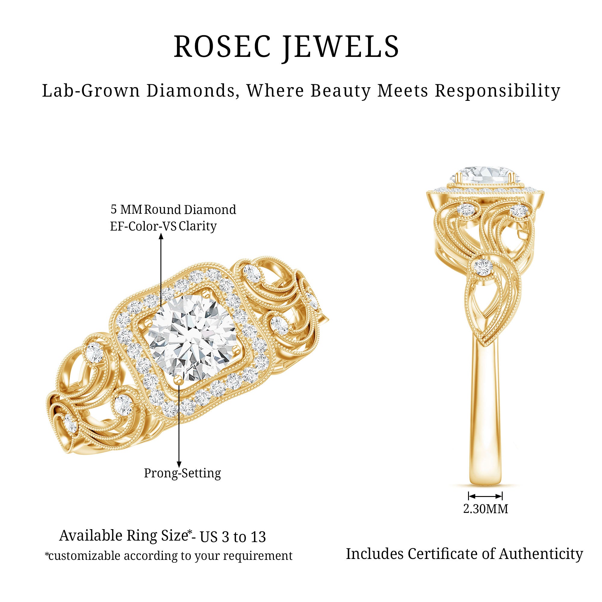Certified Lab Grown Diamond Art Deco Engagement Ring For Women Lab - ( EF-VS ) - Rosec Jewels