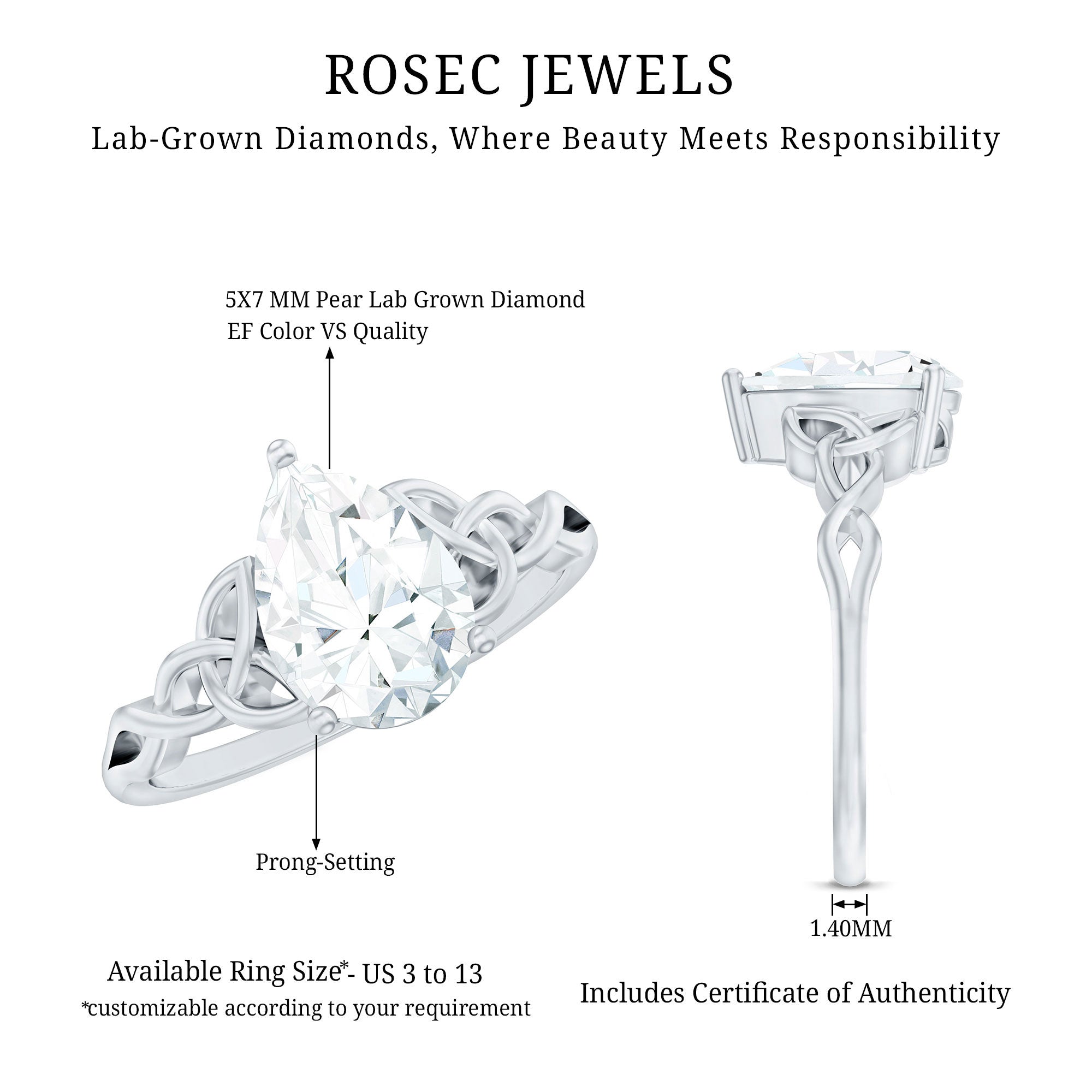 Lab Grown Diamond 5X7 MM Teardrop Solitaire Engagement Ring Lab - ( EF-VS ) - Rosec Jewels