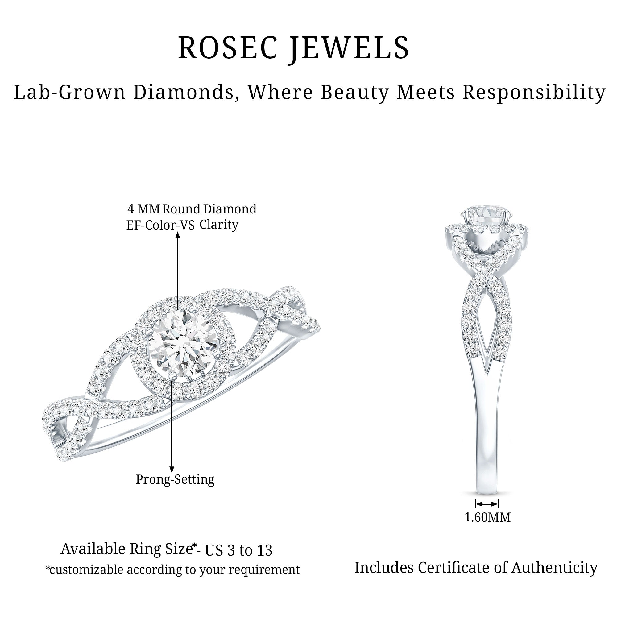 Certified Lab Grown Diamond Halo Criss Cross Engagement Ring Lab - ( EF-VS ) - Rosec Jewels