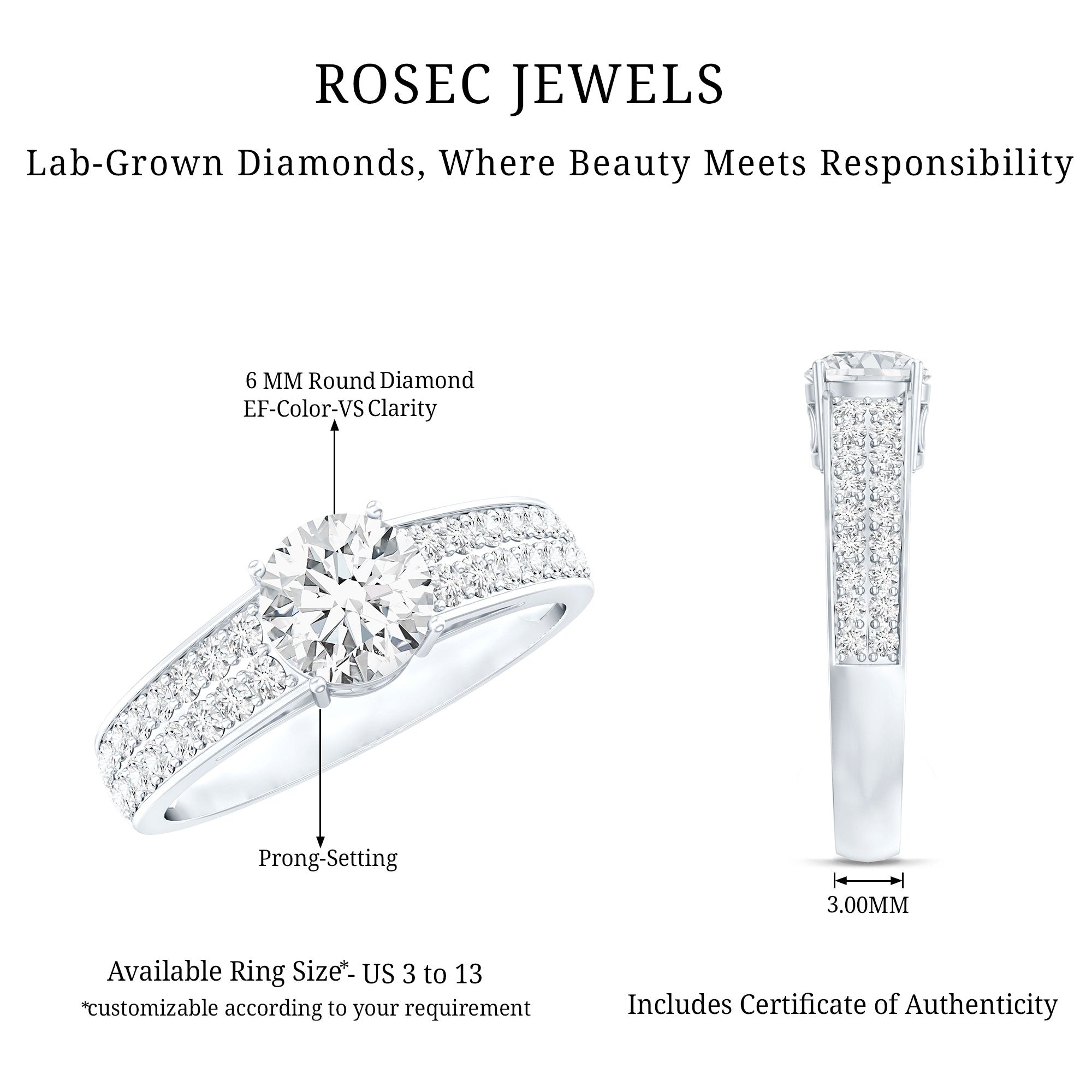 Rosec Jewels-Certified Lab Grown Diamond 1Ct Engagement Ring With Side Stones