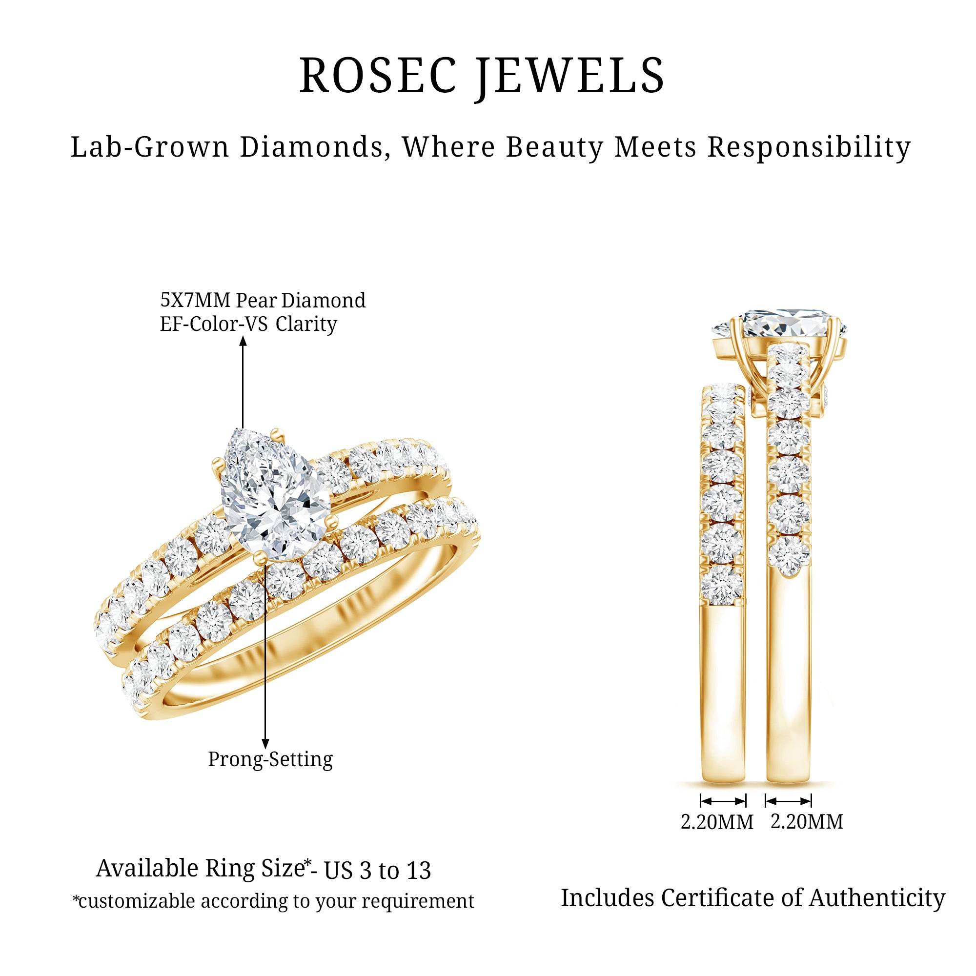 Certified Lab Grown Diamond Engagement Ring With Wedding Band Lab - ( EF-VS ) - Rosec Jewels