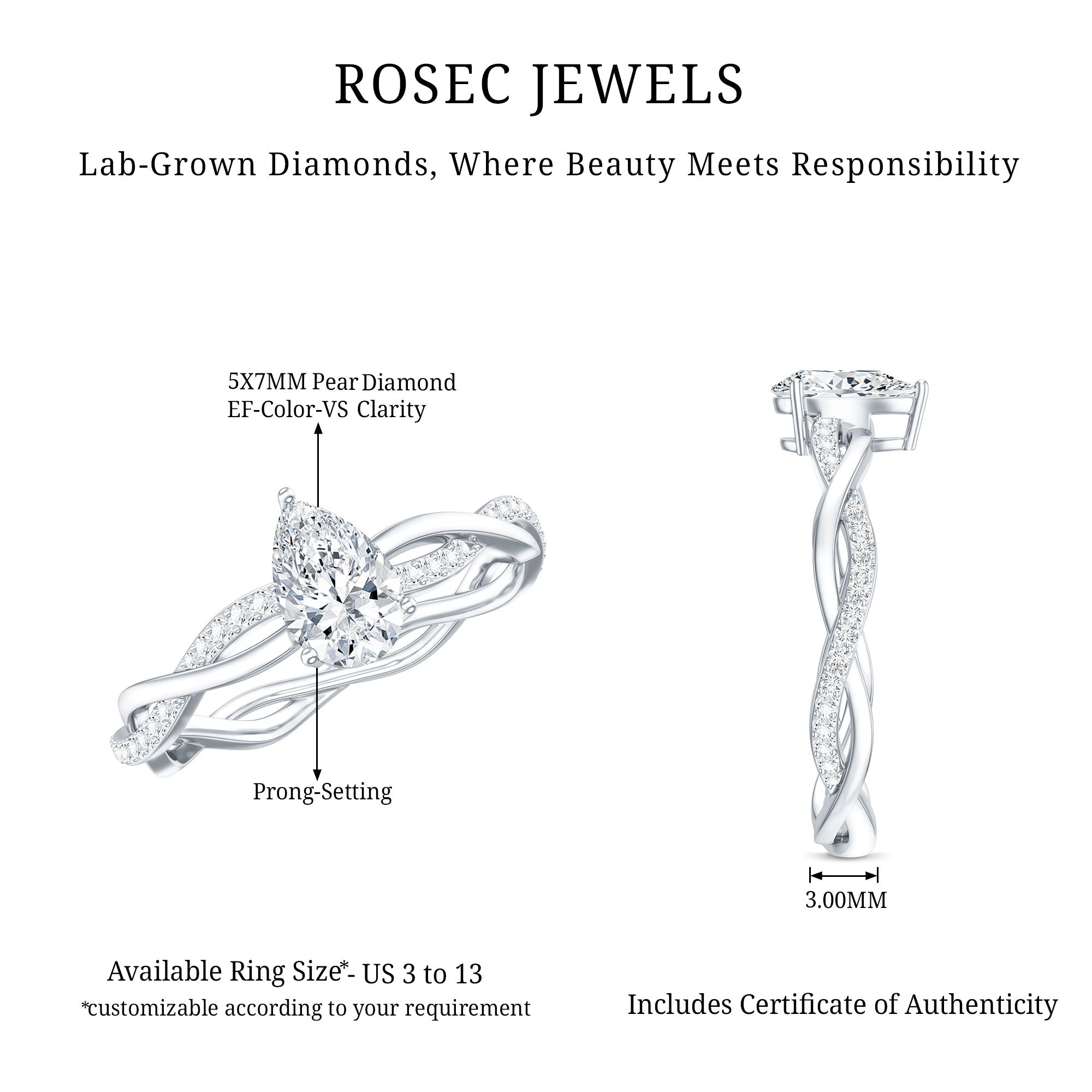 Lab Grown Diamond 5X7 MM Pear Shaped Engagement Ring Lab - ( EF-VS ) - Rosec Jewels