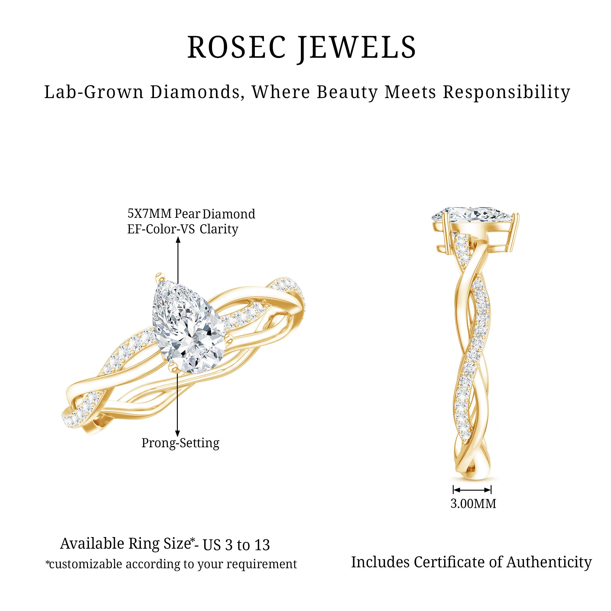 Lab Grown Diamond 5X7 MM Pear Shaped Engagement Ring Lab - ( EF-VS ) - Rosec Jewels