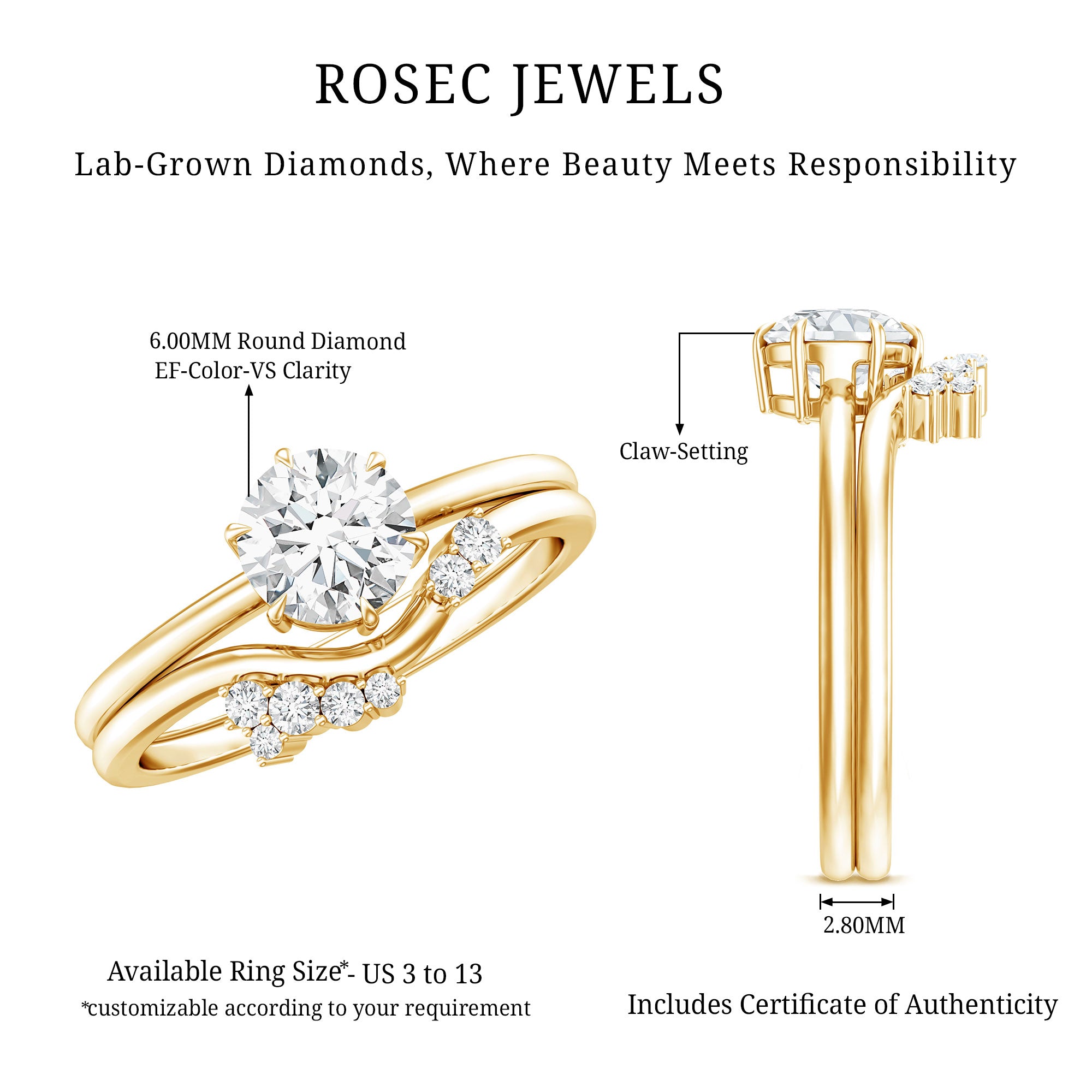 Certified 6 MM Lab Grown Diamond Designer Bridal Ring Set Lab - ( EF-VS ) - Rosec Jewels