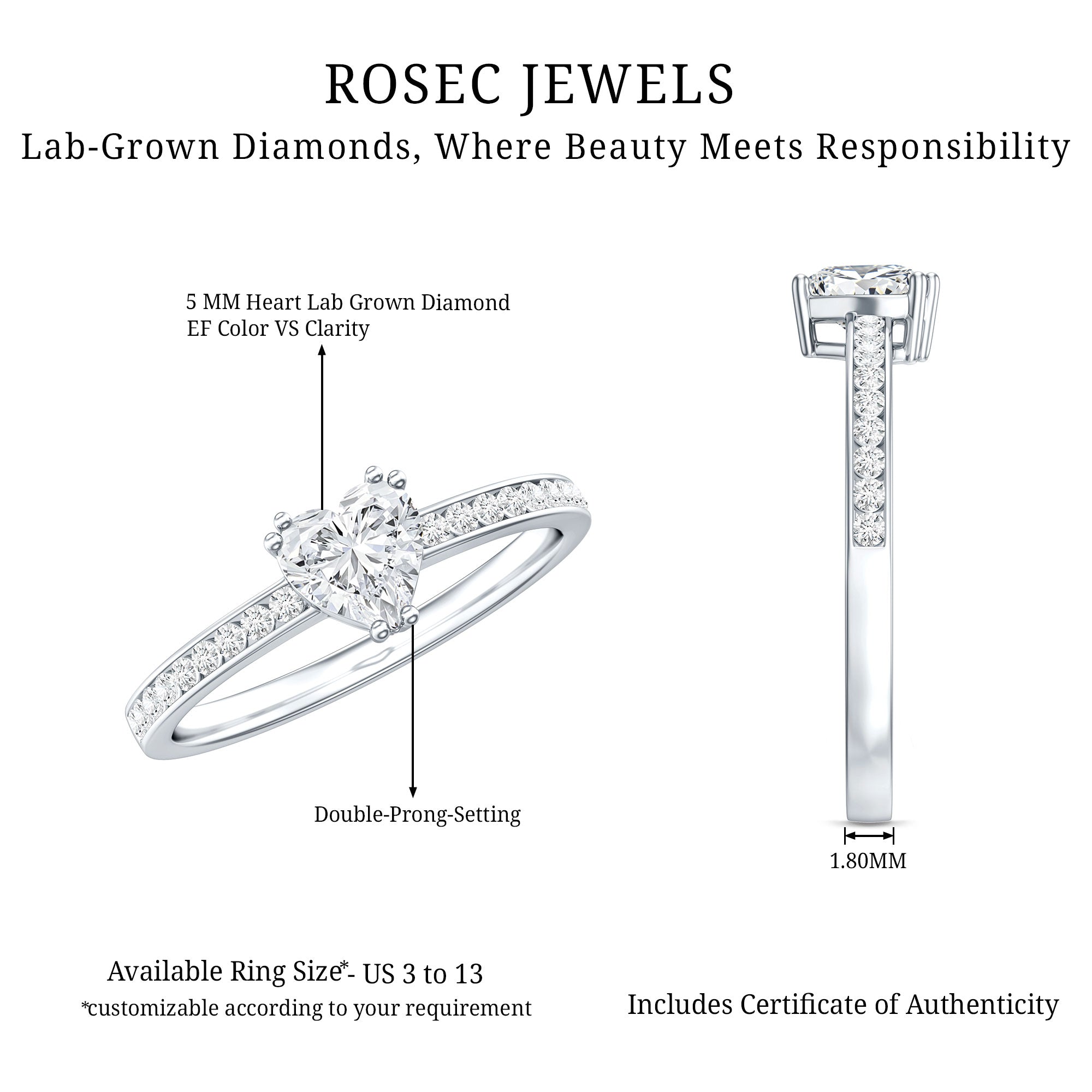 Rosec Jewels-Lab Grown Diamond 5 MM Heart Engagement Ring With Side Stones
