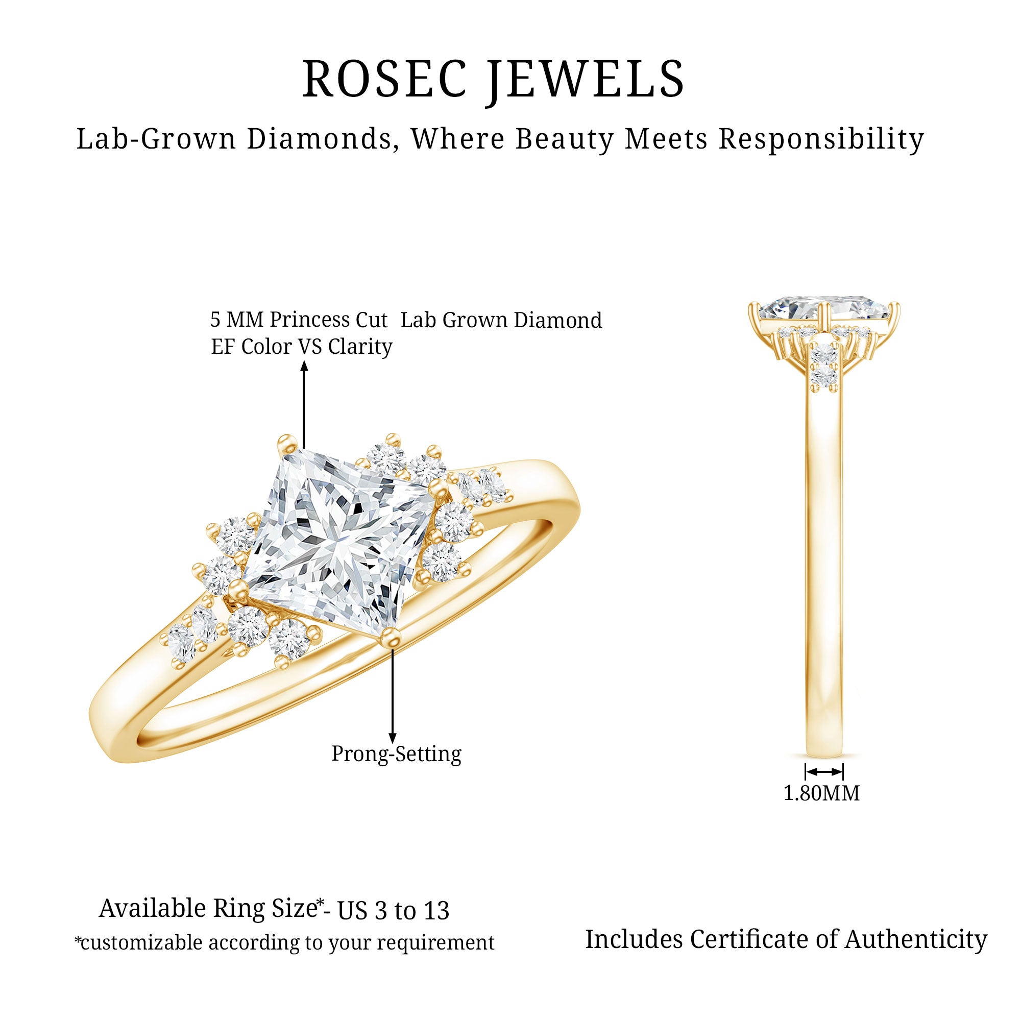 Certified 5 MM Lab Grown Diamond Princess Cut Engagement Ring Lab - ( EF-VS ) - Rosec Jewels
