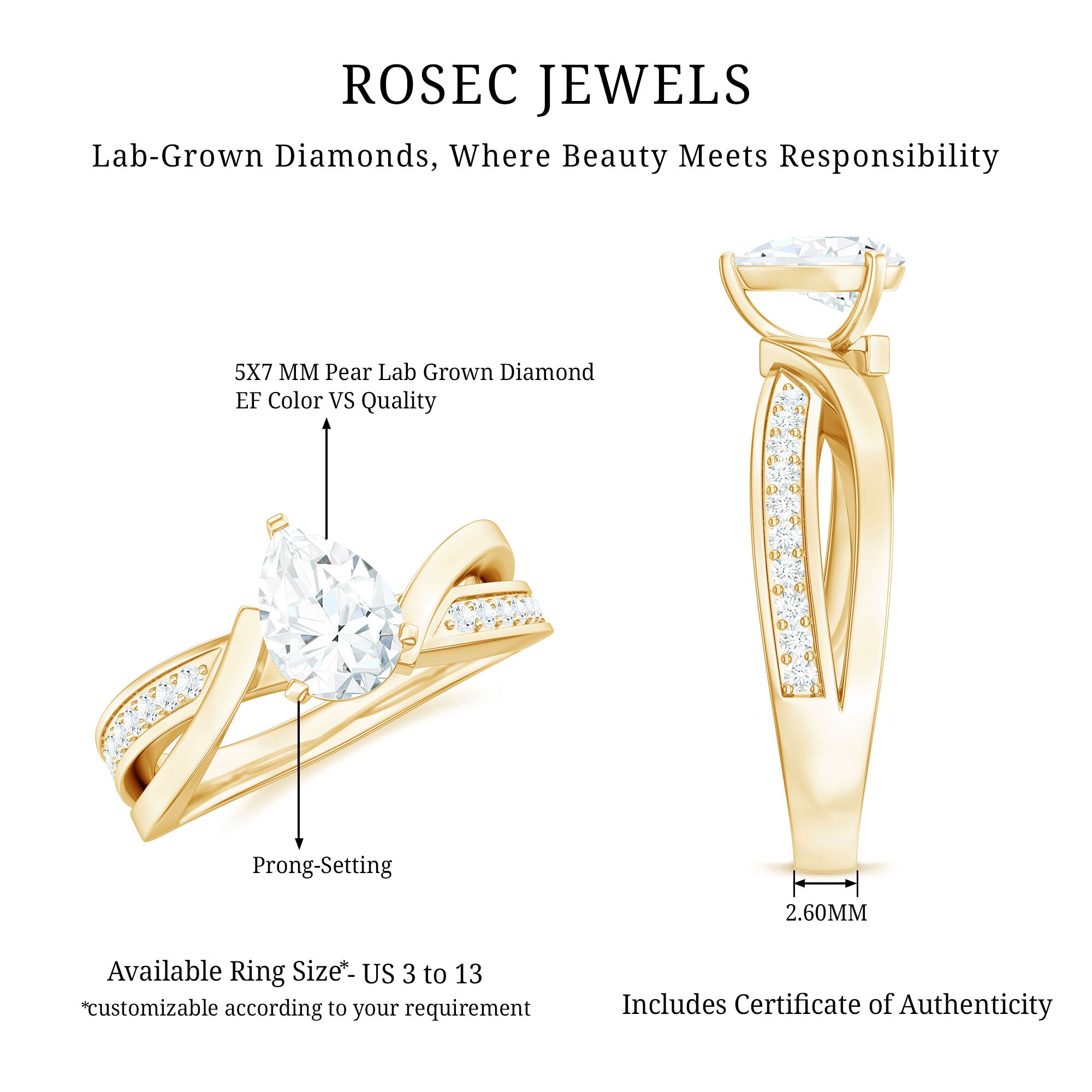 Certified Lab Grown Diamond 5X7 MM Pear Shaped Engagement Ring Lab - ( EF-VS ) - Rosec Jewels