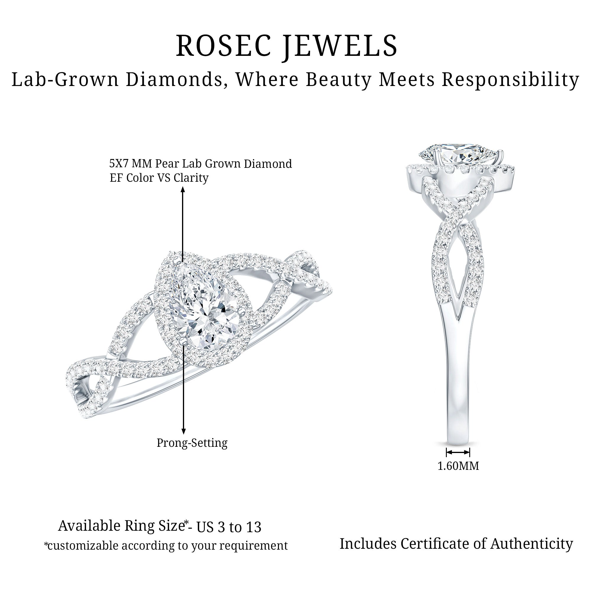 Lab Grown Diamond Teardrop Halo Engagement Ring For Women Lab - ( EF-VS ) - Rosec Jewels