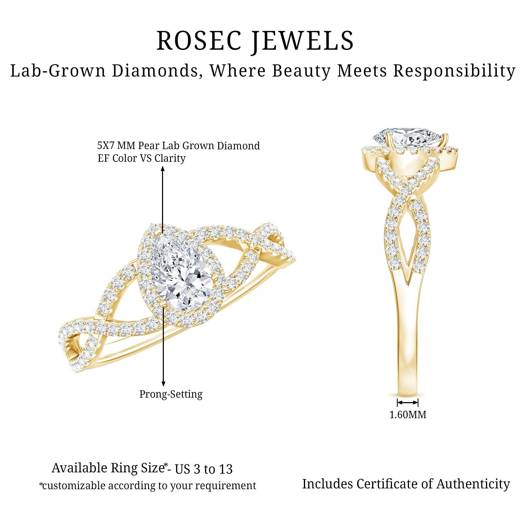 Lab Grown Diamond Teardrop Halo Engagement Ring For Women Lab - ( EF-VS ) - Rosec Jewels