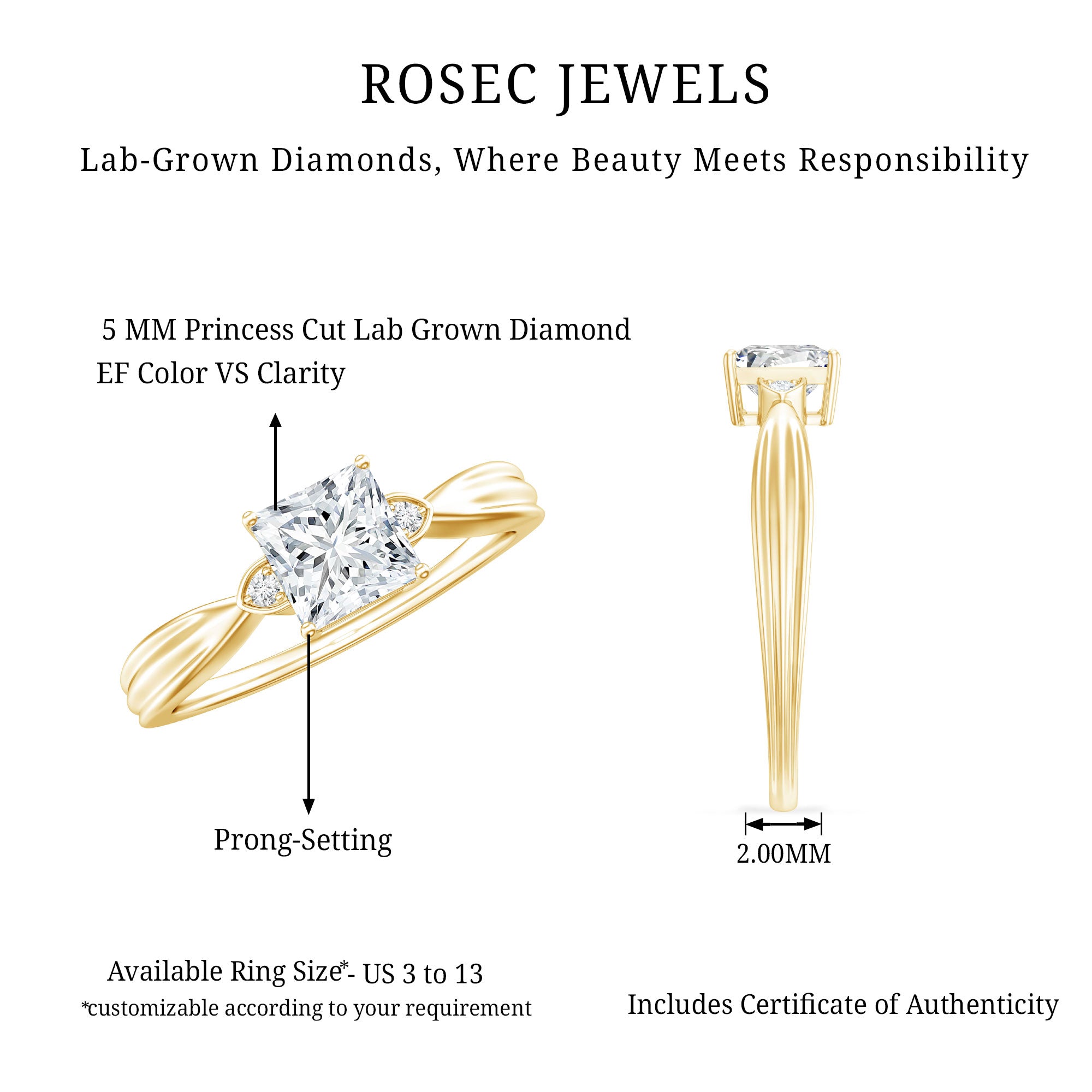 5 MM Princess Cut Lab Grown Diamond Solitaire Promise Ring Lab - ( EF-VS ) - Rosec Jewels