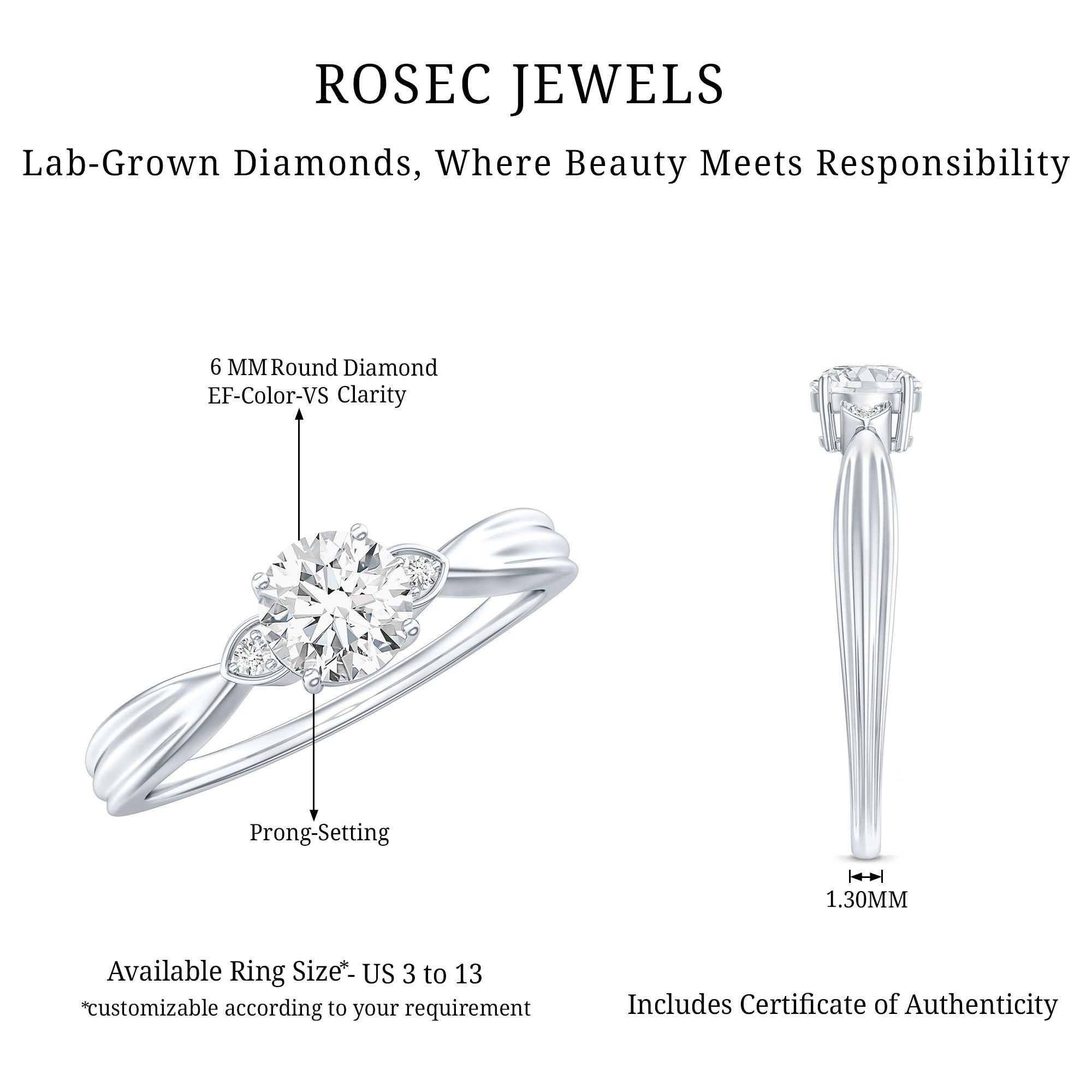 Certified Lab Grown Diamond 6 MM Solitaire Promise Ring Lab - ( EF-VS ) - Rosec Jewels