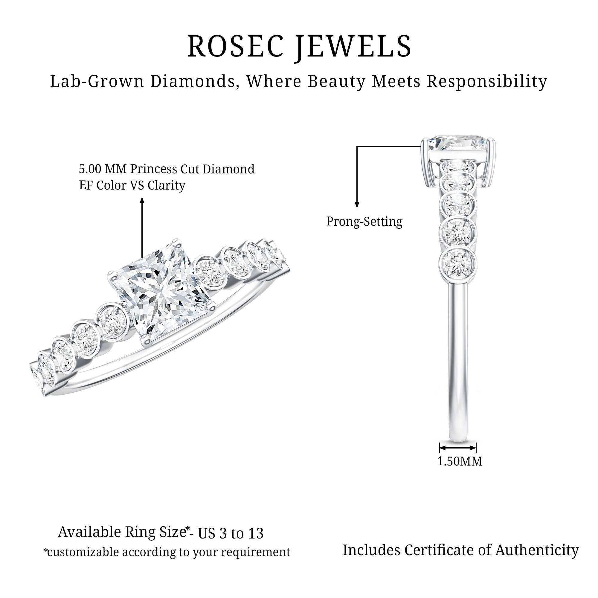 Lab Grown Diamond 5 MM Princess Cut Engagement Ring With Side Stones Lab - ( EF-VS ) - Rosec Jewels