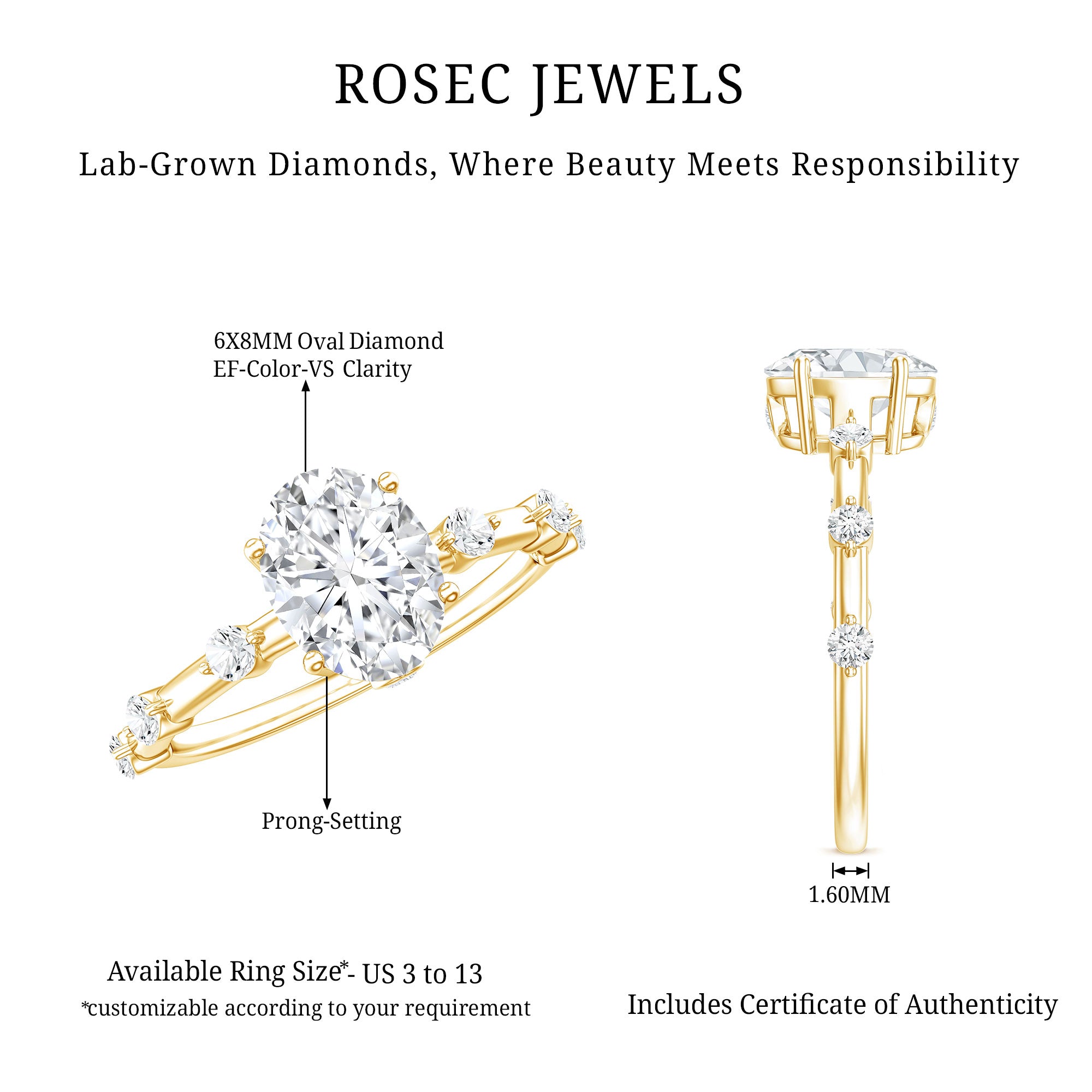 Rosec Jewels-Lab Grown Diamond 6X8 MM Oval Solitaire Engagement Ring