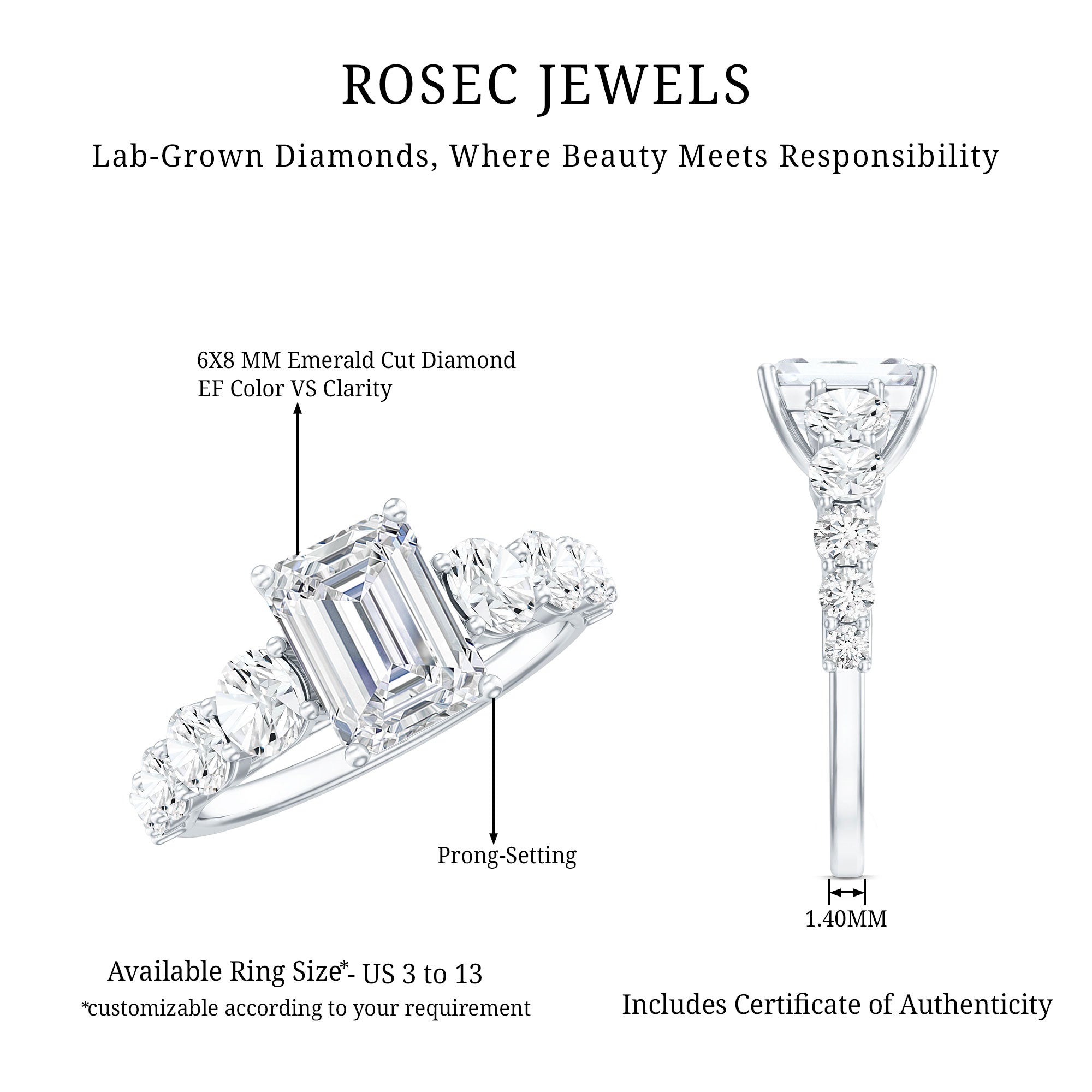 Rosec Jewels-Lab Grown Diamond 6X8 MM Emerald Cut Engagement Ring With Side Stones
