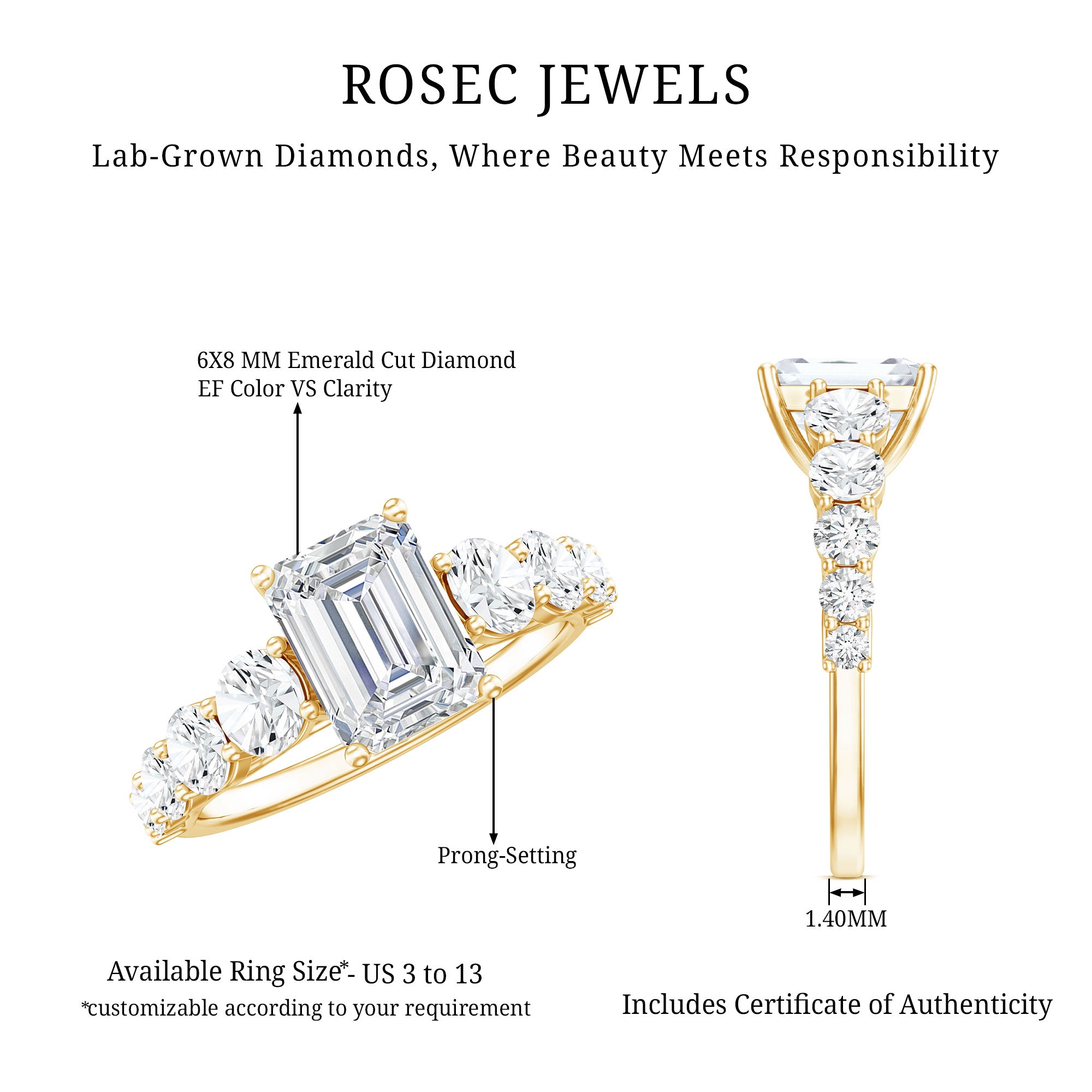 Rosec Jewels-Lab Grown Diamond 6X8 MM Emerald Cut Engagement Ring With Side Stones