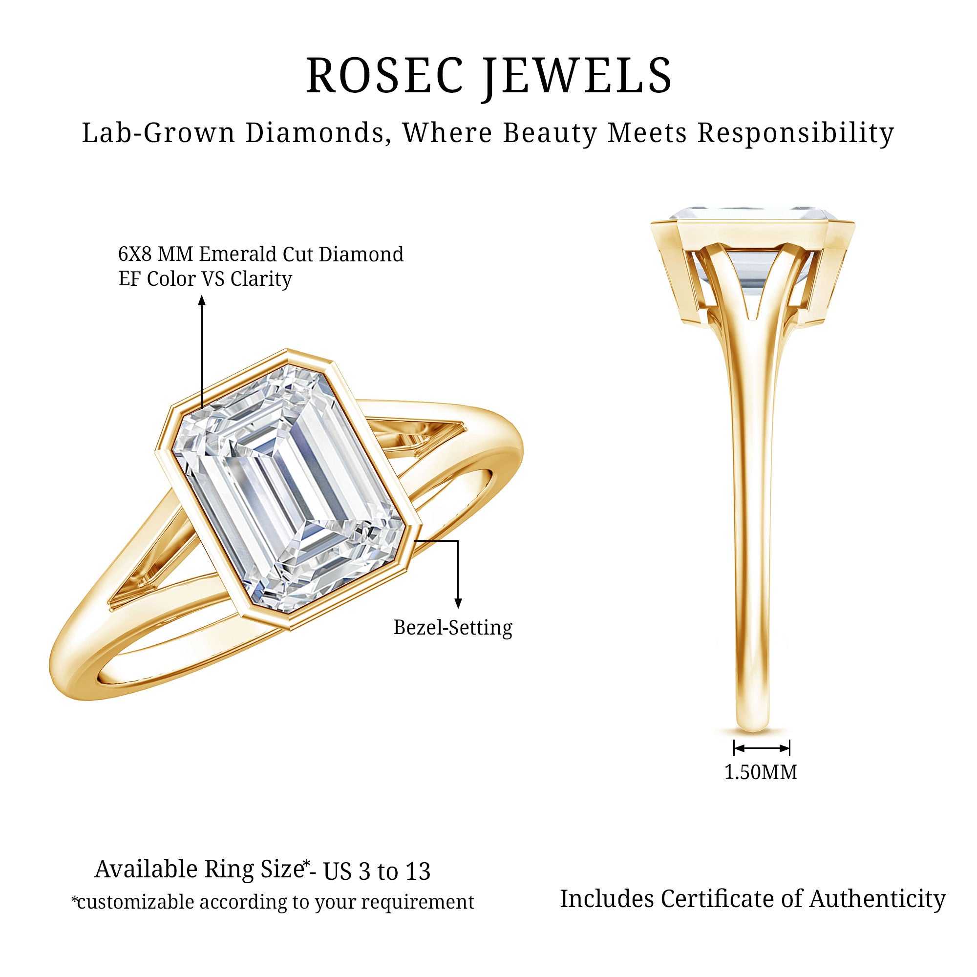 Certified Lab Grown Diamond 6X8 MM Emerald Cut Engagement Ring Lab - ( EF-VS ) - Rosec Jewels