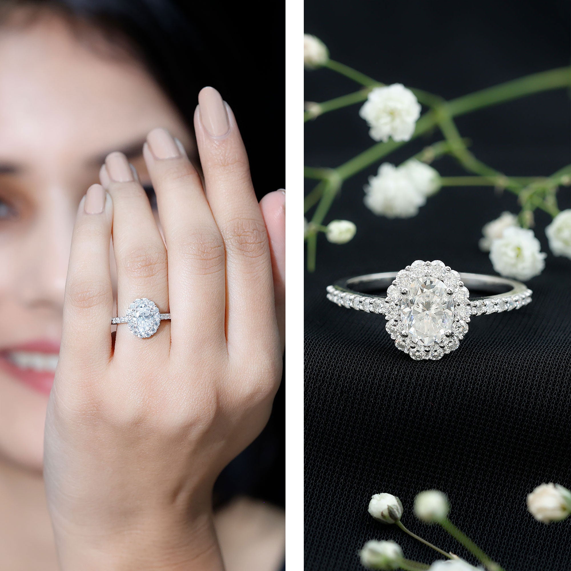 Rosec Jewels-Lab Grown Diamond 6X8MM Oval Halo Engagement Ring With Side Stones