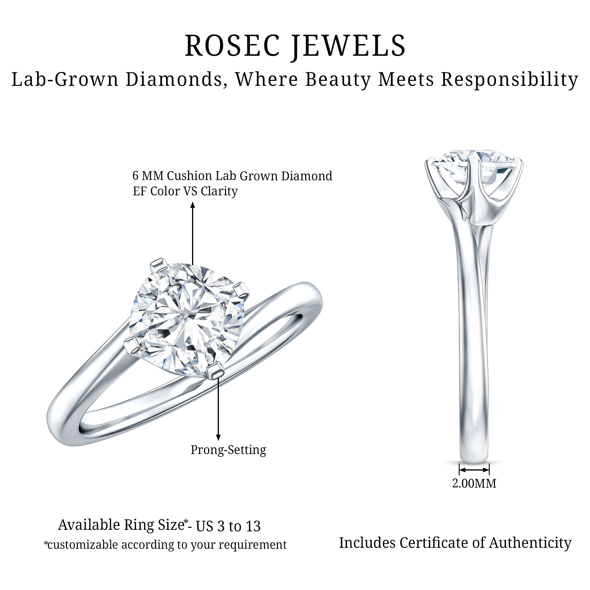 Certified 6 MM Cushion Lab Grown Diamond Solitaire Engagement Ring Lab - ( EF-VS ) - Rosec Jewels