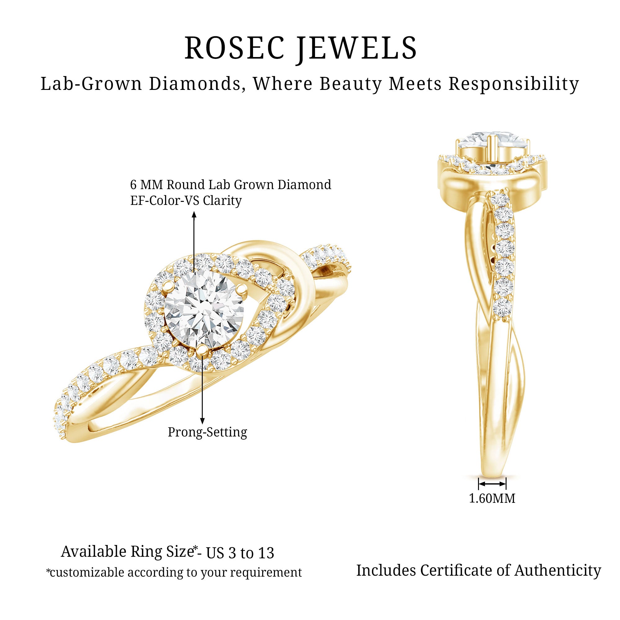 Rosec Jewels-Certified 6MM Lab Grown Diamond Love Knot Engagement Ring