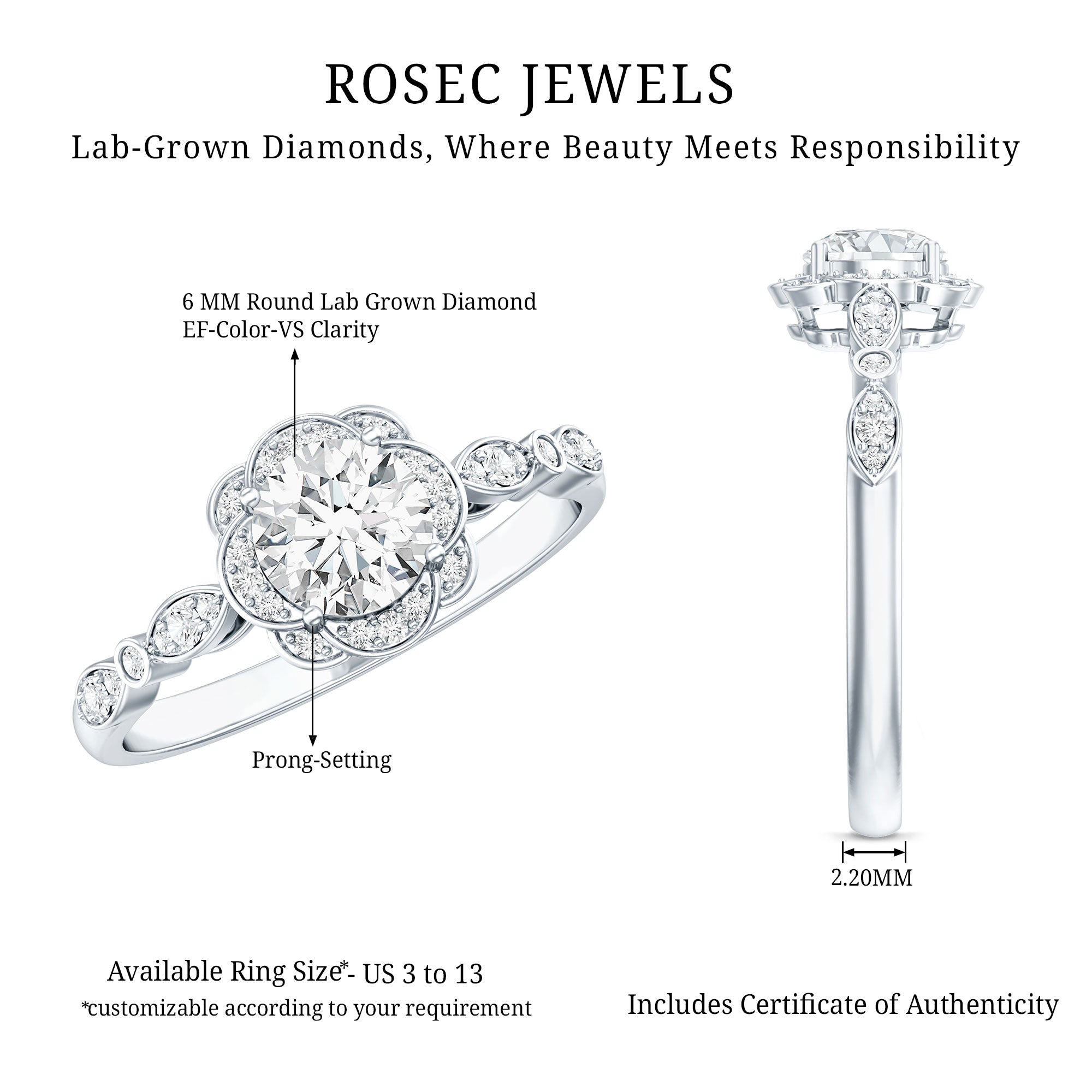 Certified 6MM Lab Grown Diamond Nature Engagement Ring Lab - ( EF-VS ) - Rosec Jewels