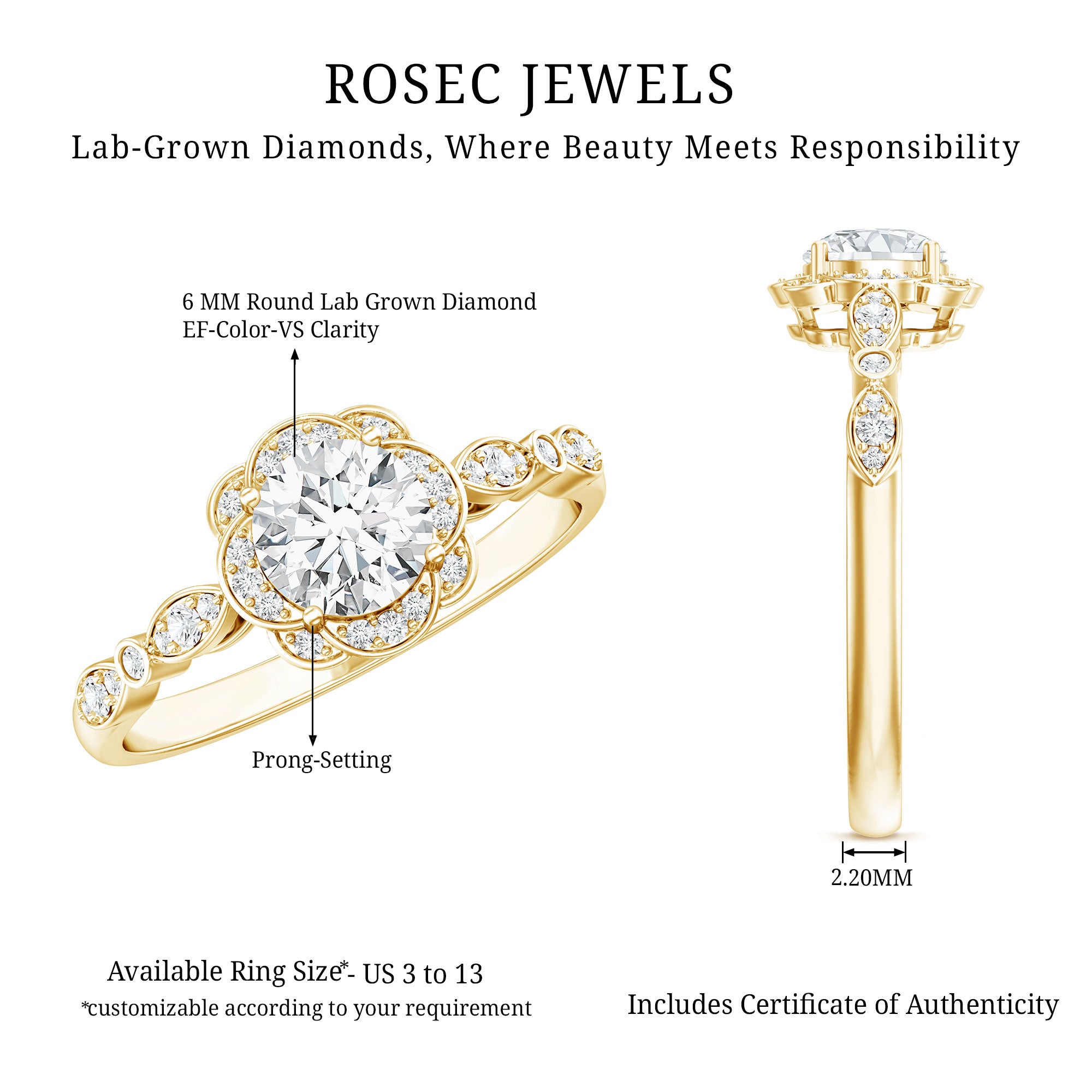 Certified 6MM Lab Grown Diamond Nature Engagement Ring Lab - ( EF-VS ) - Rosec Jewels