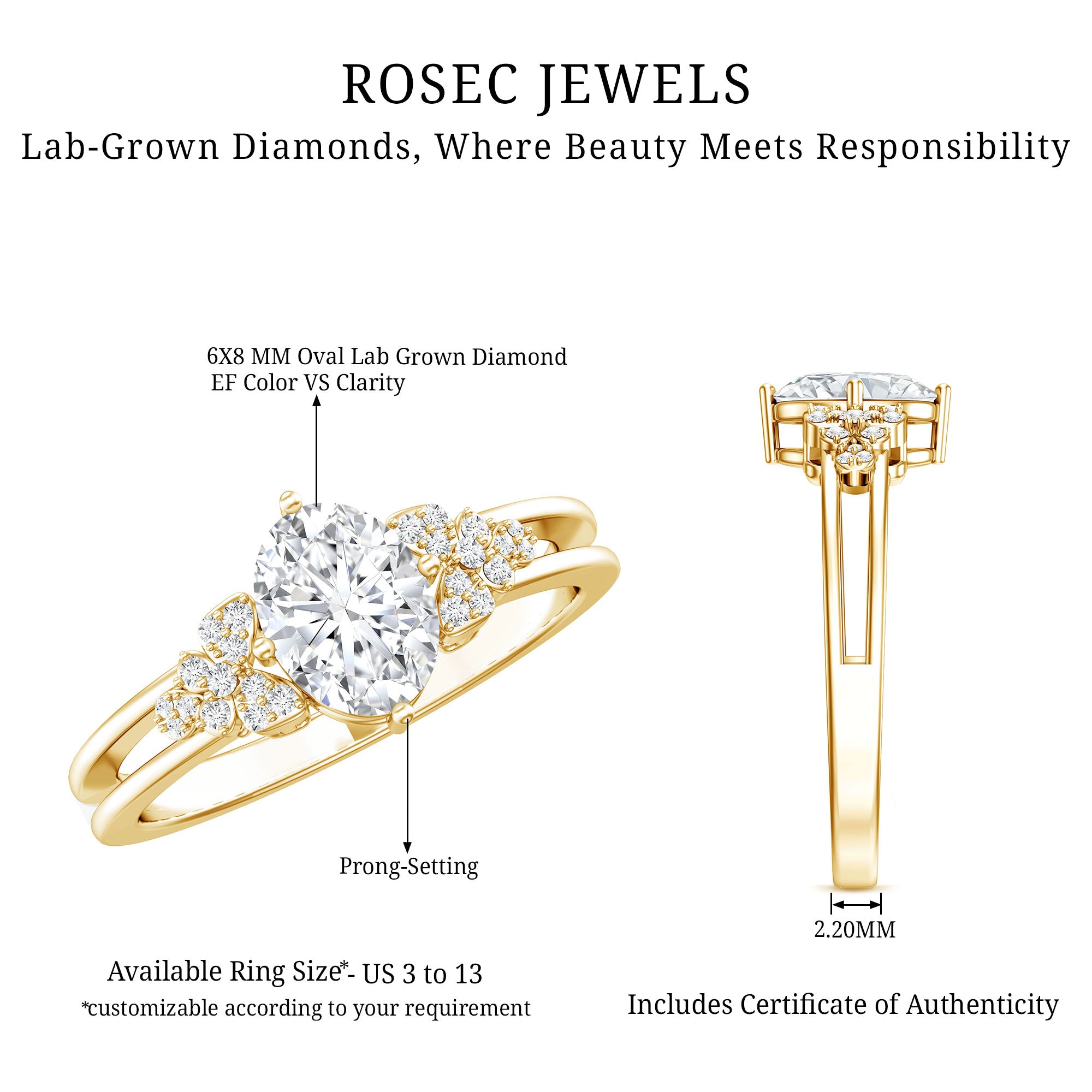 Certified 6X8MM Oval Lab Grown Diamond Designer Engagement Ring Lab - ( EF-VS ) - Rosec Jewels