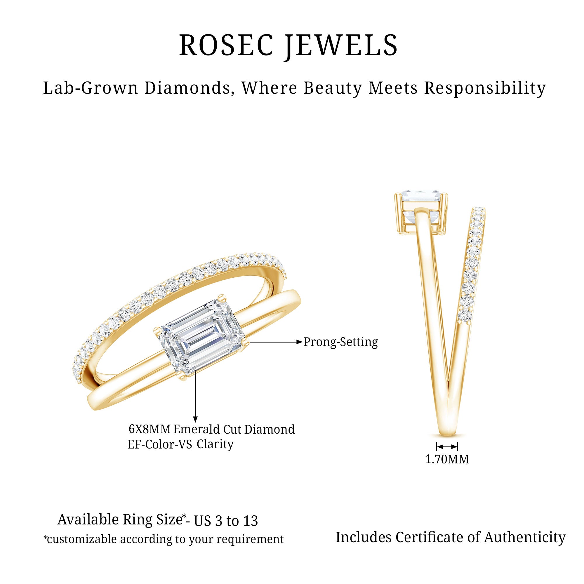 Rosec Jewels-Lab Grown Diamond 6X8MM Emerald Cut Engagement Ring With Diamond Studded Shank