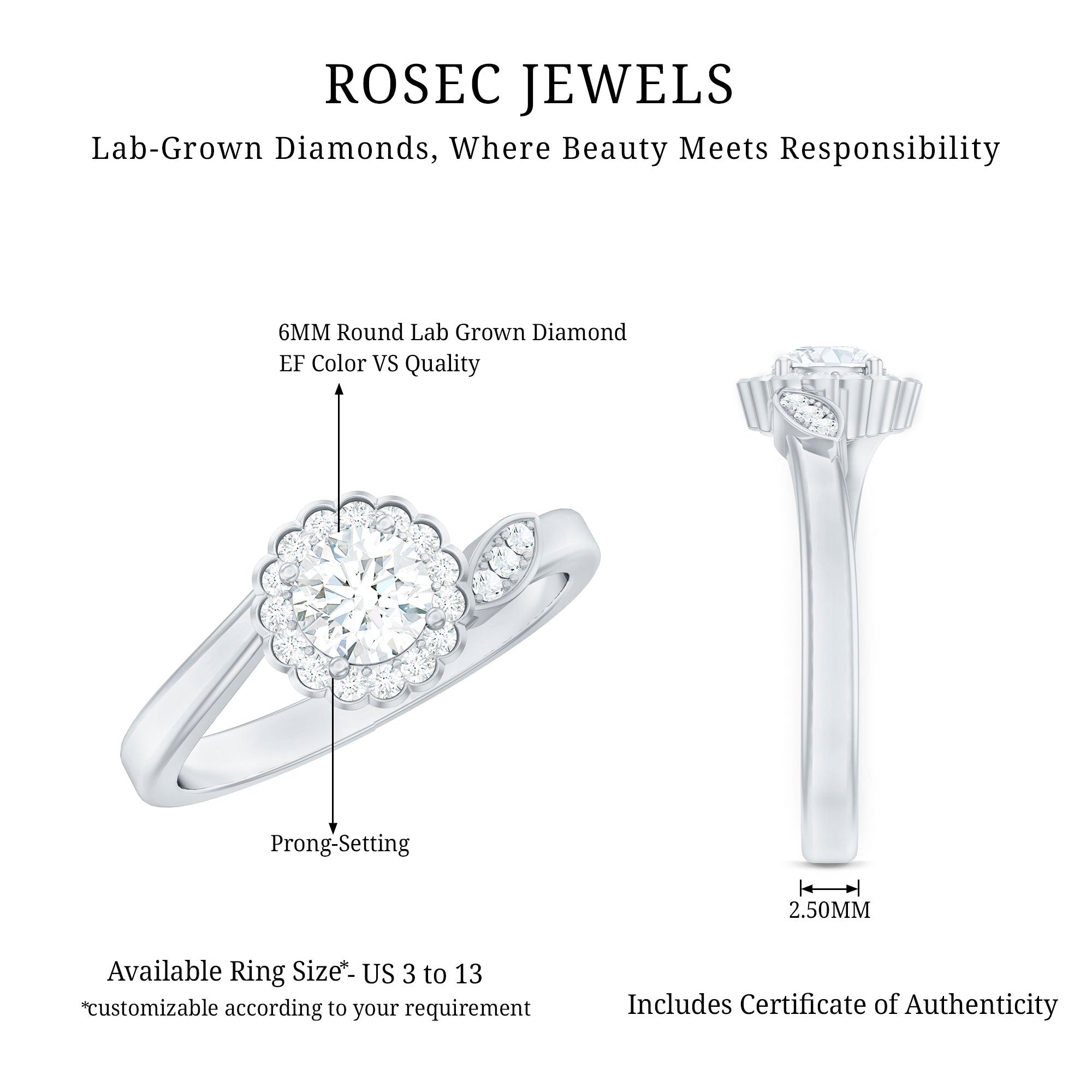 Certified 5 MM Lab Grown Diamond Floral Engagement Ring Lab - ( EF-VS ) - Rosec Jewels