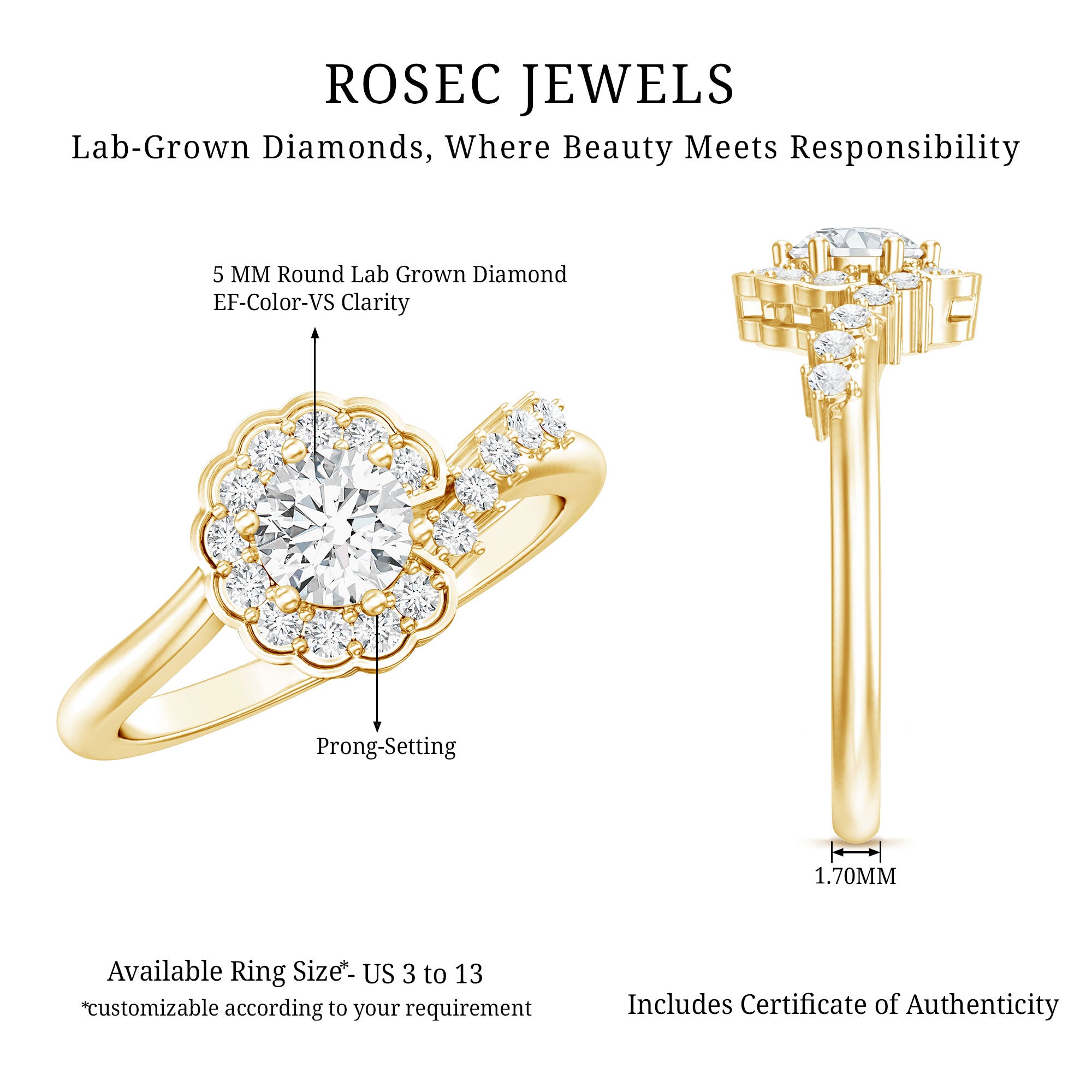 Certified 5 MM Lab Grown Diamond Nature Inspired Engagement Ring Lab - ( EF-VS ) - Rosec Jewels