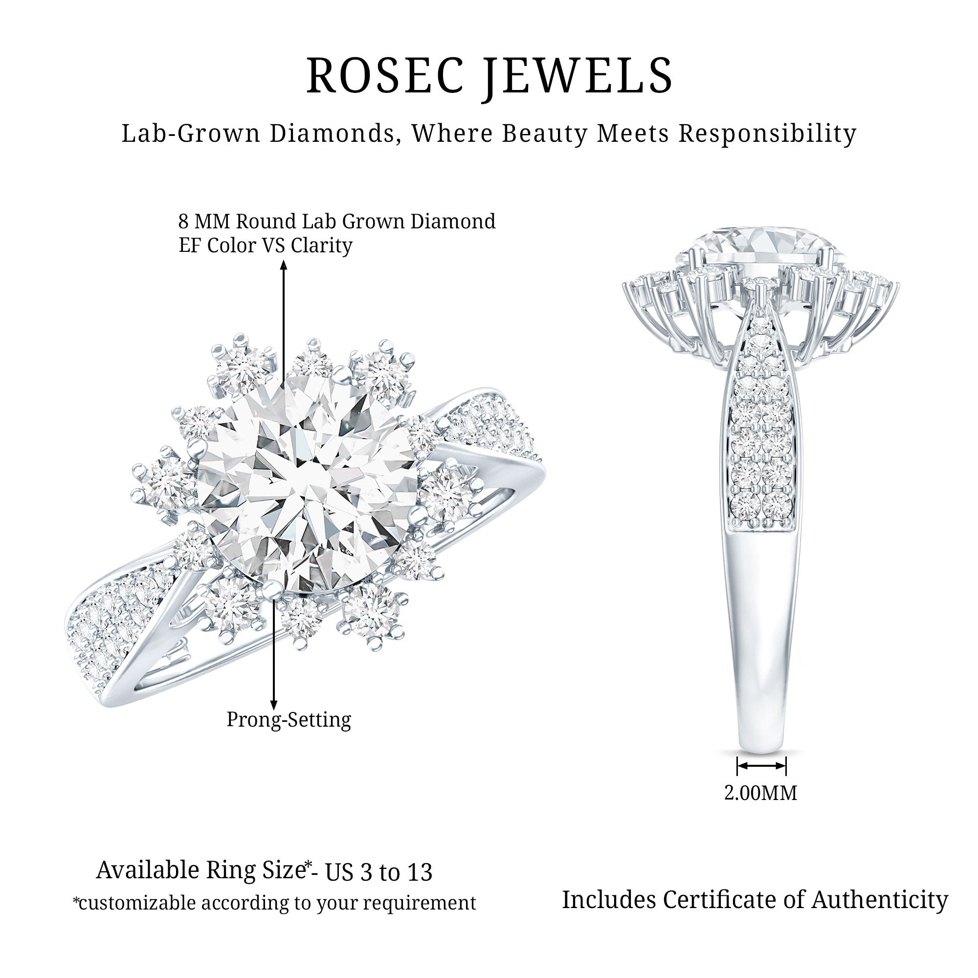 Certified 2 Carat Lab Grown Diamond Non Traditional Engagement Ring Lab - ( EF-VS ) - Rosec Jewels