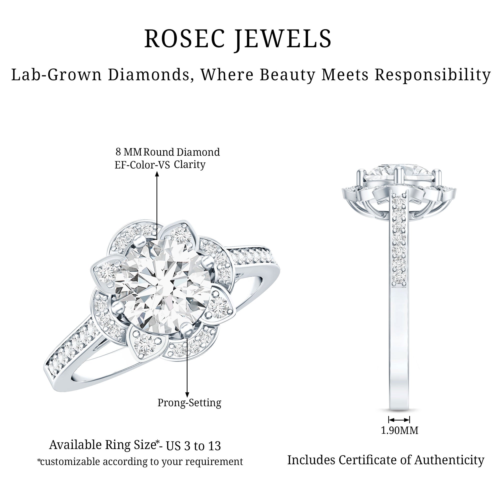 8 MM Lab Grown Diamond Vintage Engagement Ring With Diamond Studded Shank Lab - ( EF-VS ) - Rosec Jewels