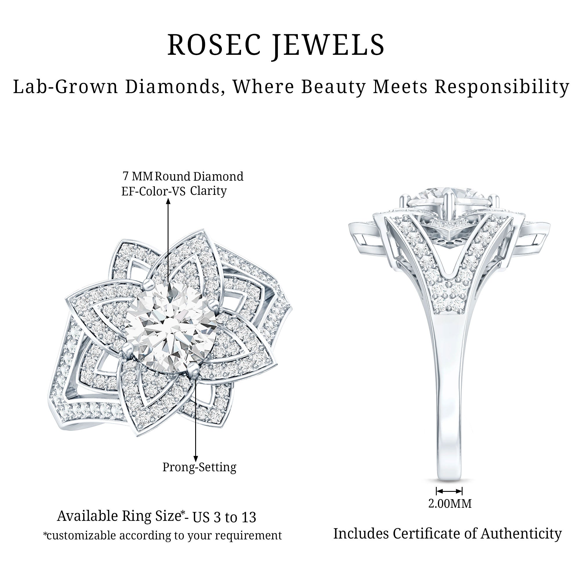 Lab Grown Diamond Art Deco Flower Engagement Ring Lab - ( EF-VS ) - Rosec Jewels