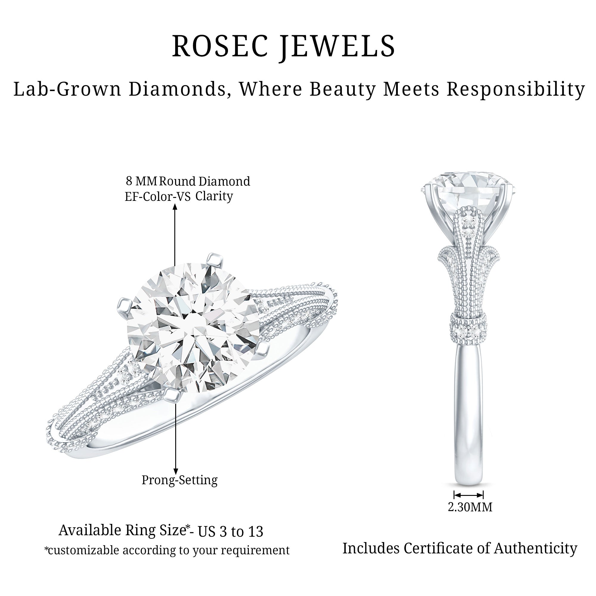 2 Carat Lab Grown Diamond Art Deco Solitaire Engagement Ring Lab - ( EF-VS ) - Rosec Jewels