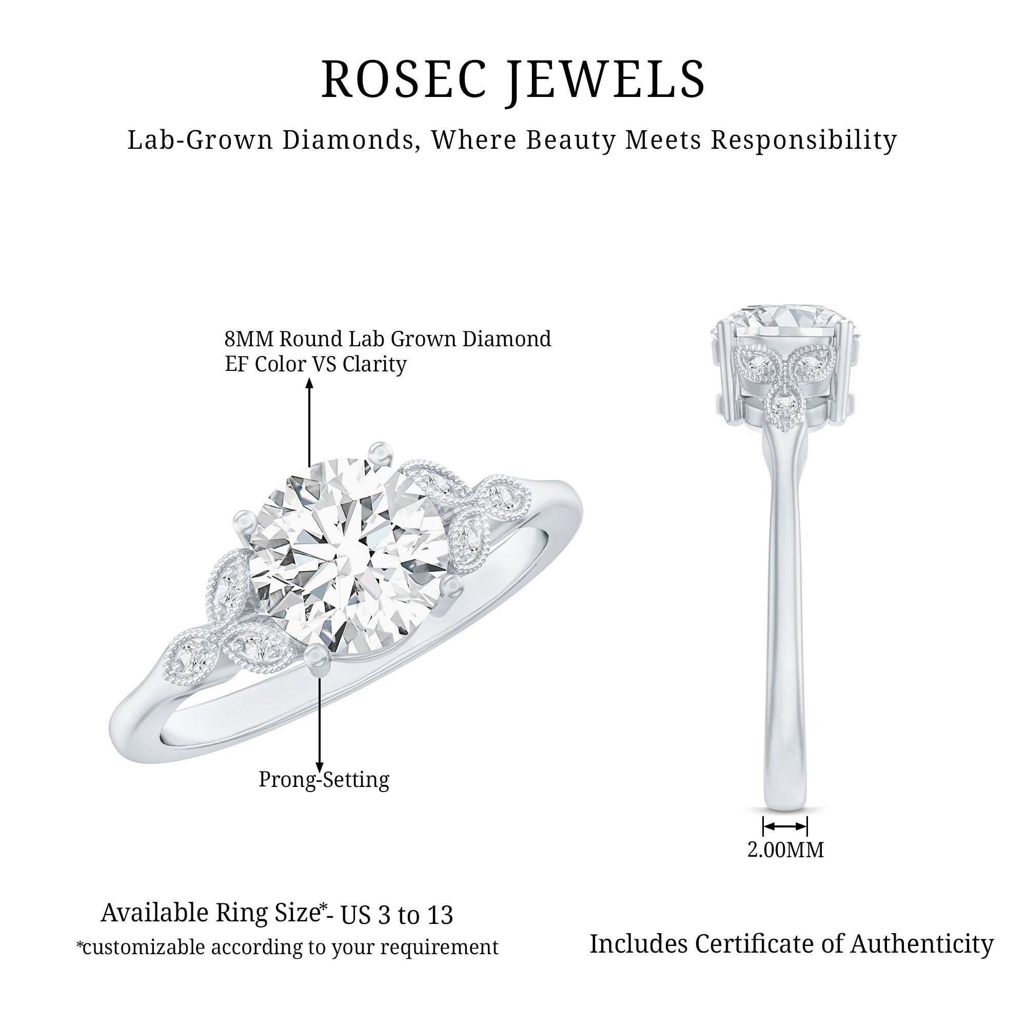 8 MM Round Lab Grown Diamond Vine Engagement Ring Lab - ( EF-VS ) - Rosec Jewels