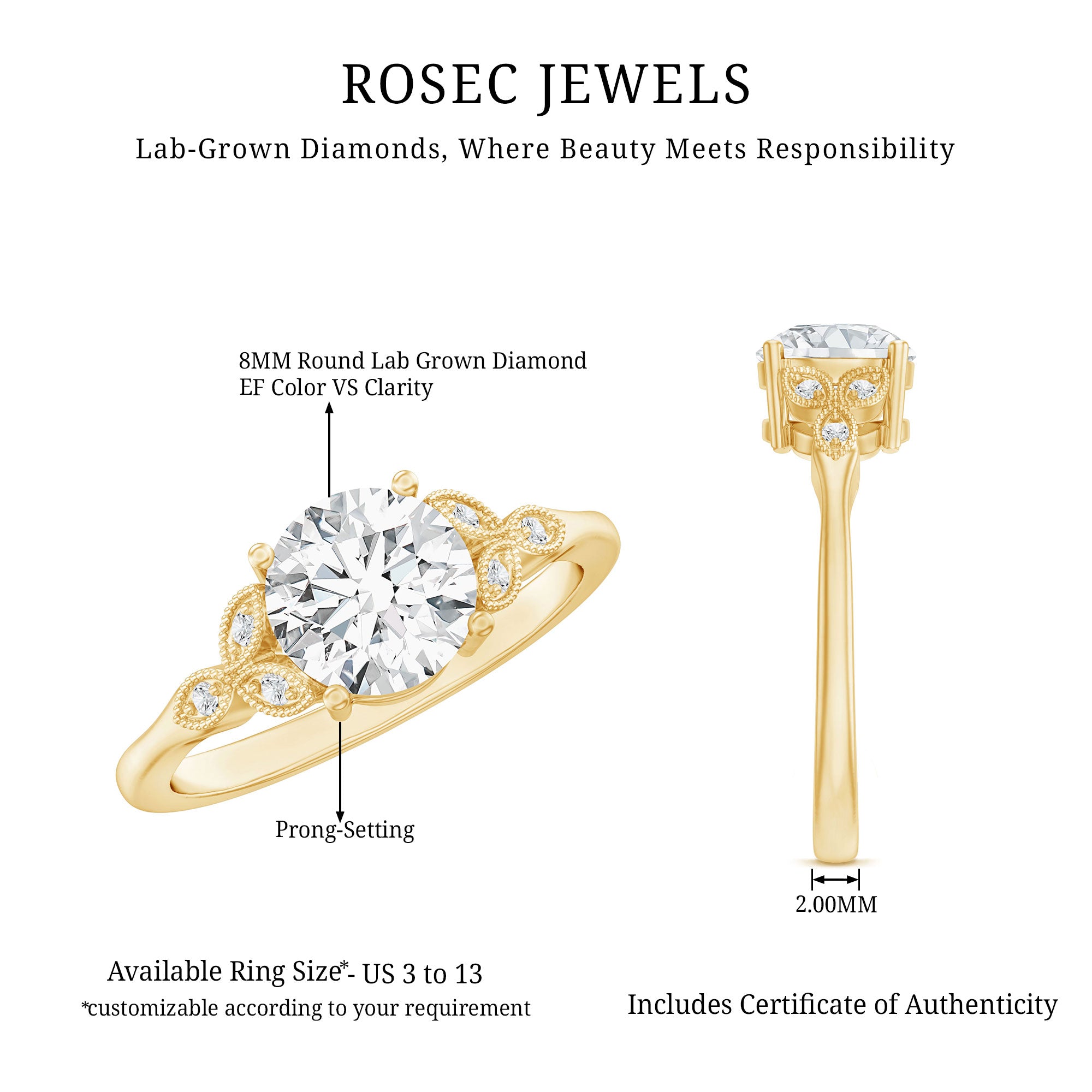 8 MM Round Lab Grown Diamond Vine Engagement Ring Lab - ( EF-VS ) - Rosec Jewels