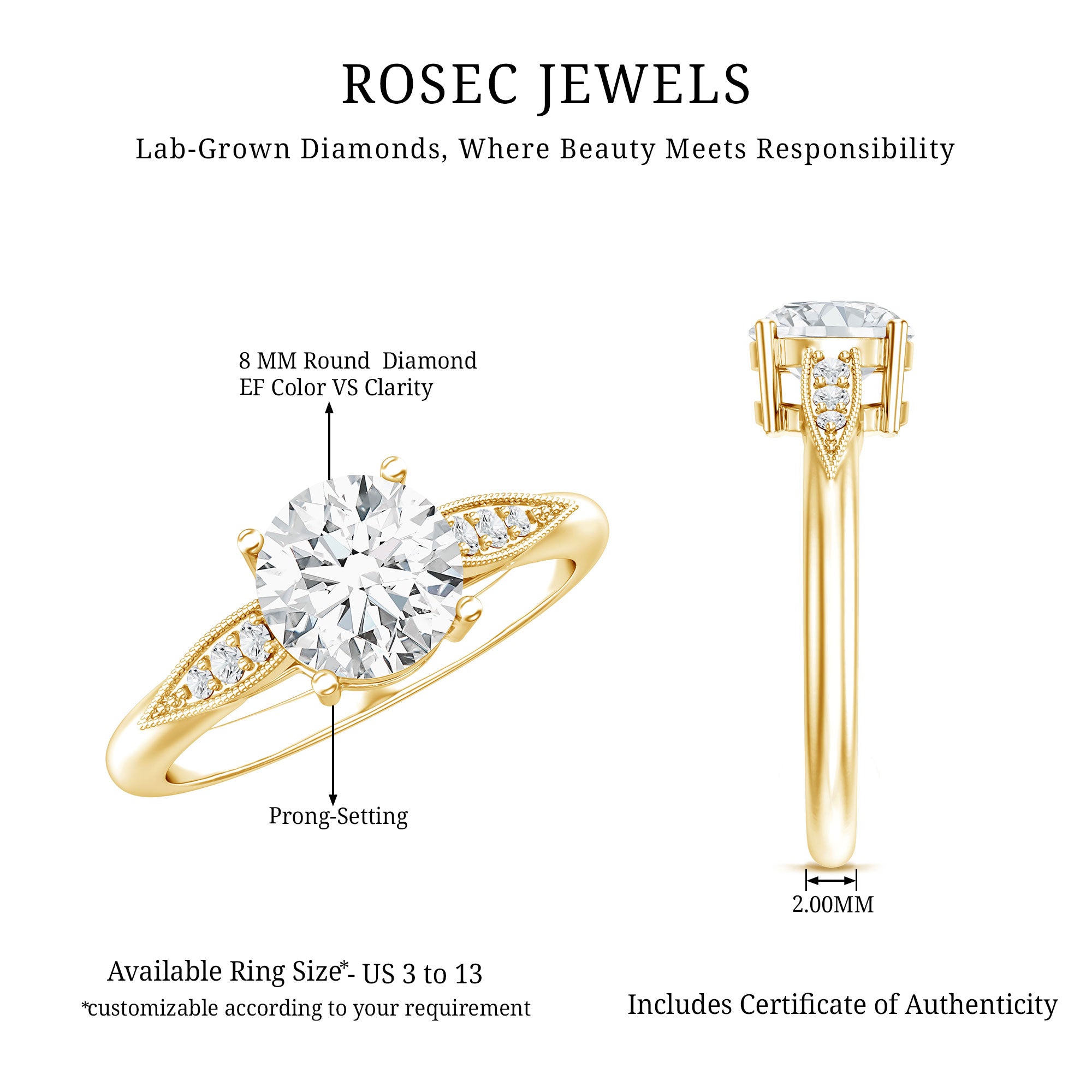 Rosec Jewels-Certified Lab Grown Diamond 8MM Classic Engagement Ring