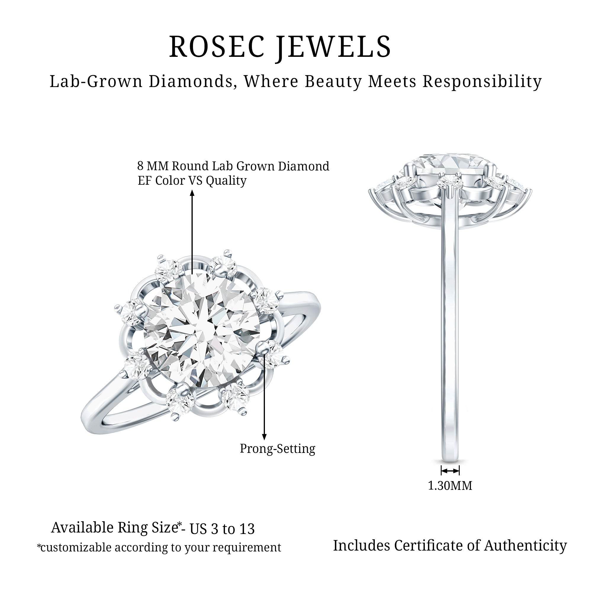 8 MM Lab Grown Diamond Statement Engagement Ring Lab - ( EF-VS ) - Rosec Jewels