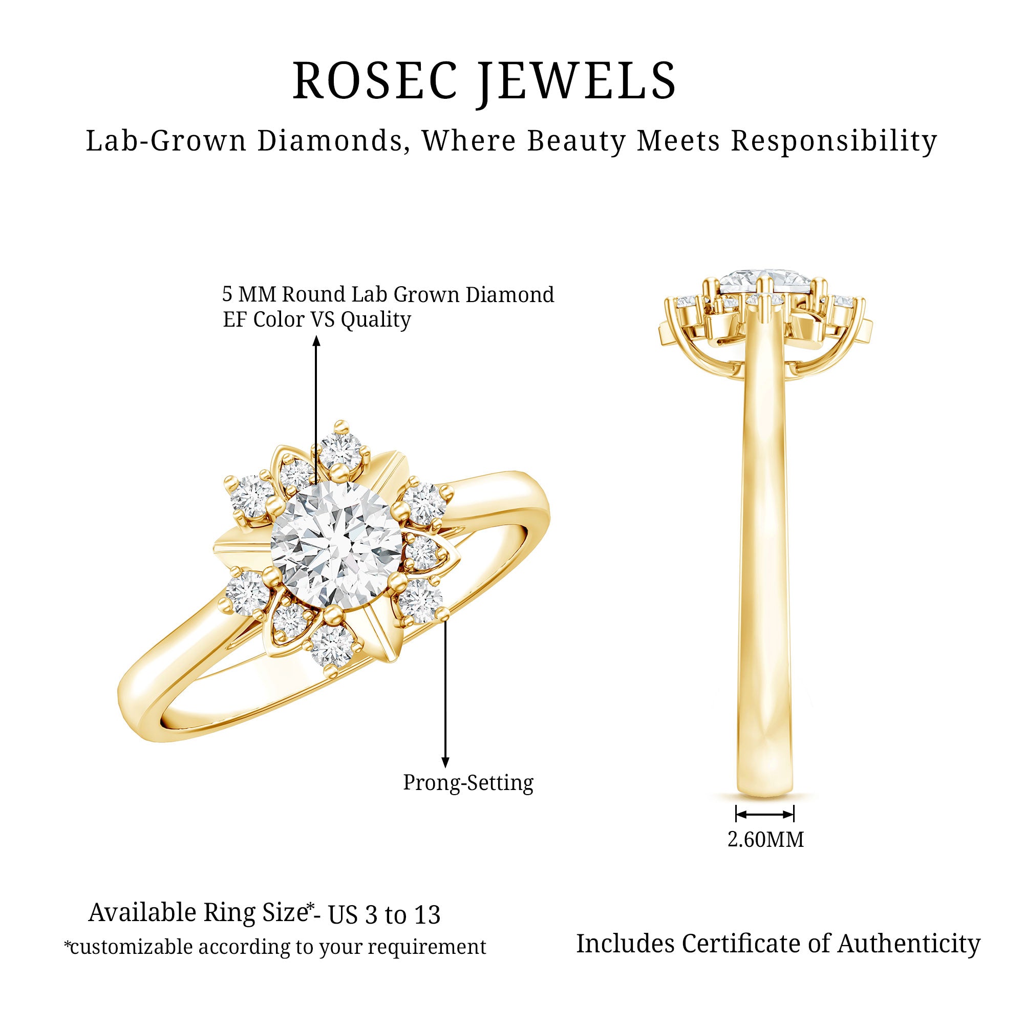 Certified Lab Grown Diamond Nature Engagement Ring Lab - ( EF-VS ) - Rosec Jewels