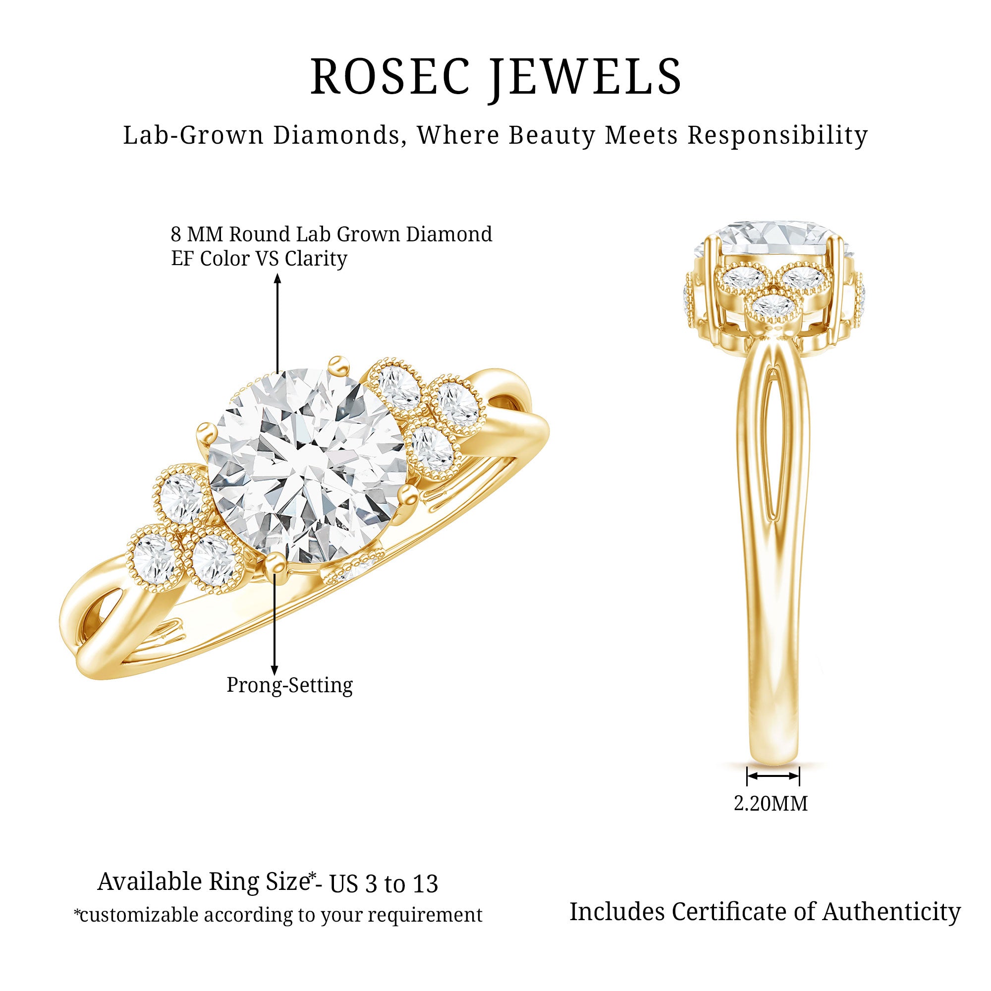 2 Carat Solitaire Lab Diamond Engagement Ring With Diamond Trio Lab - ( EF-VS ) - Rosec Jewels
