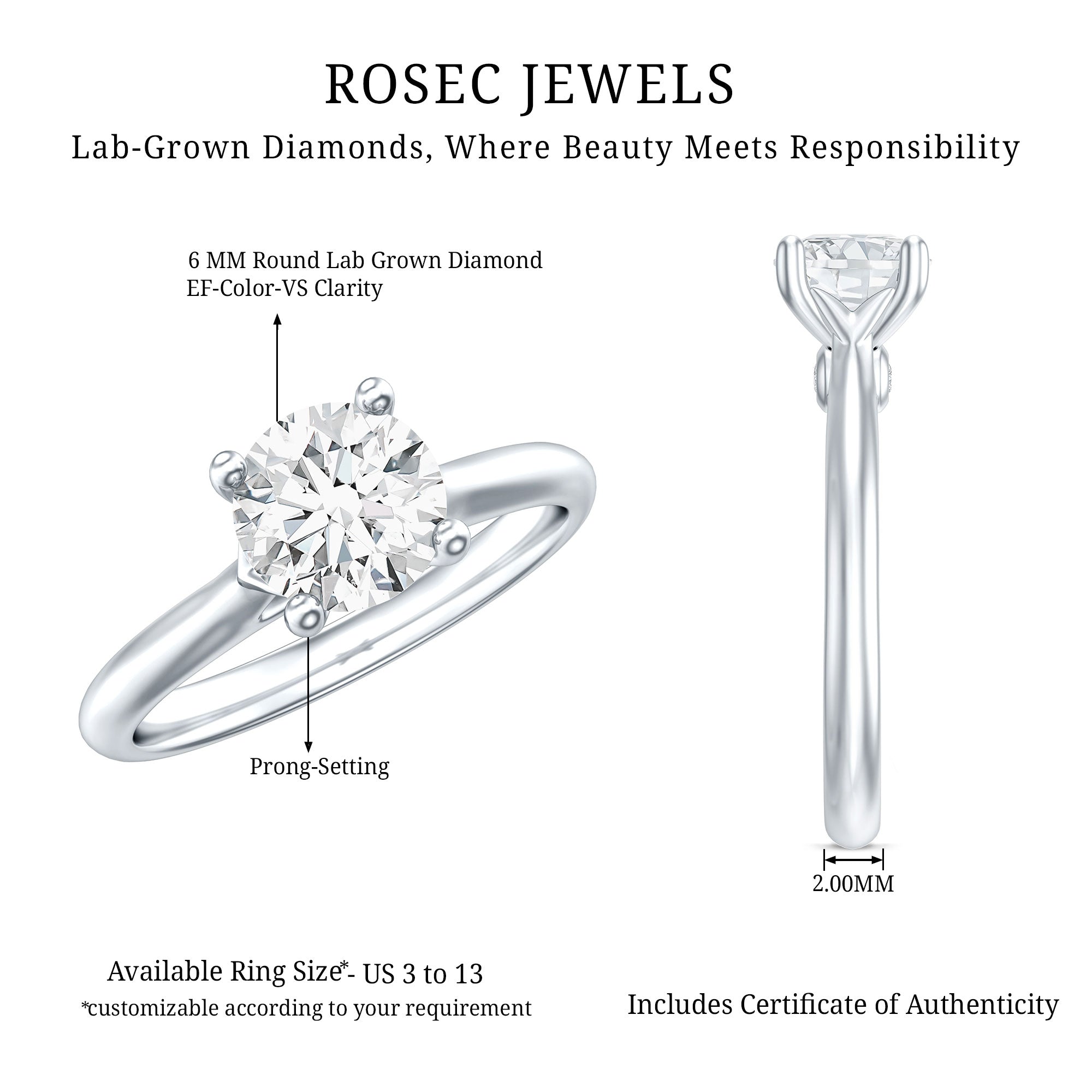 Certified Lab Grown Diamond 6 MM Circle Engagement Ring Lab - ( EF-VS ) - Rosec Jewels