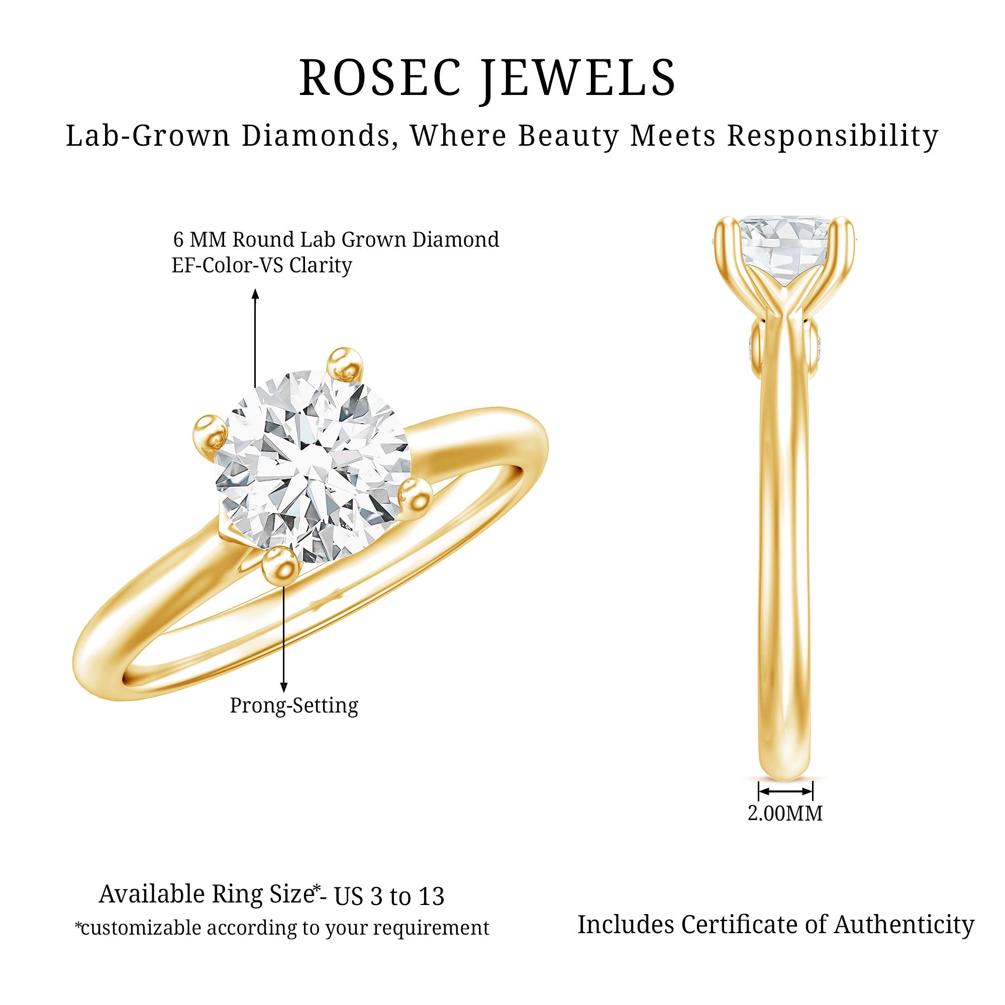 Certified Lab Grown Diamond 6 MM Circle Engagement Ring Lab - ( EF-VS ) - Rosec Jewels