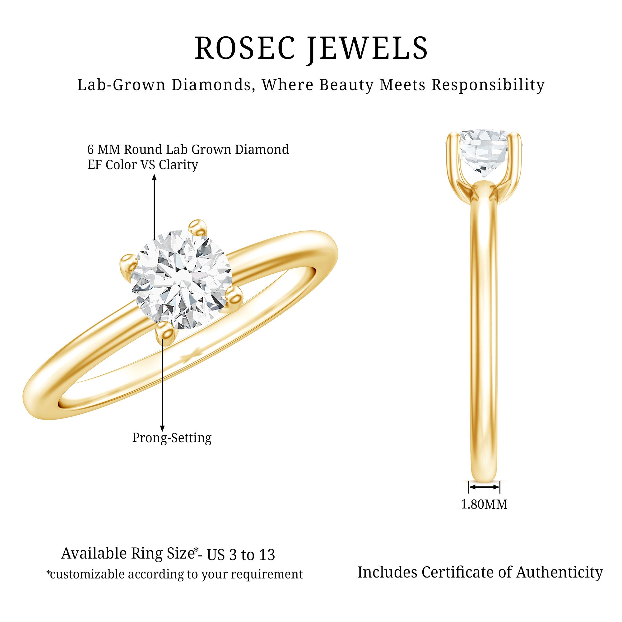 Rosec Jewels-Certified Lab Grown Diamond 6 MM Round Cut Engagement Ring
