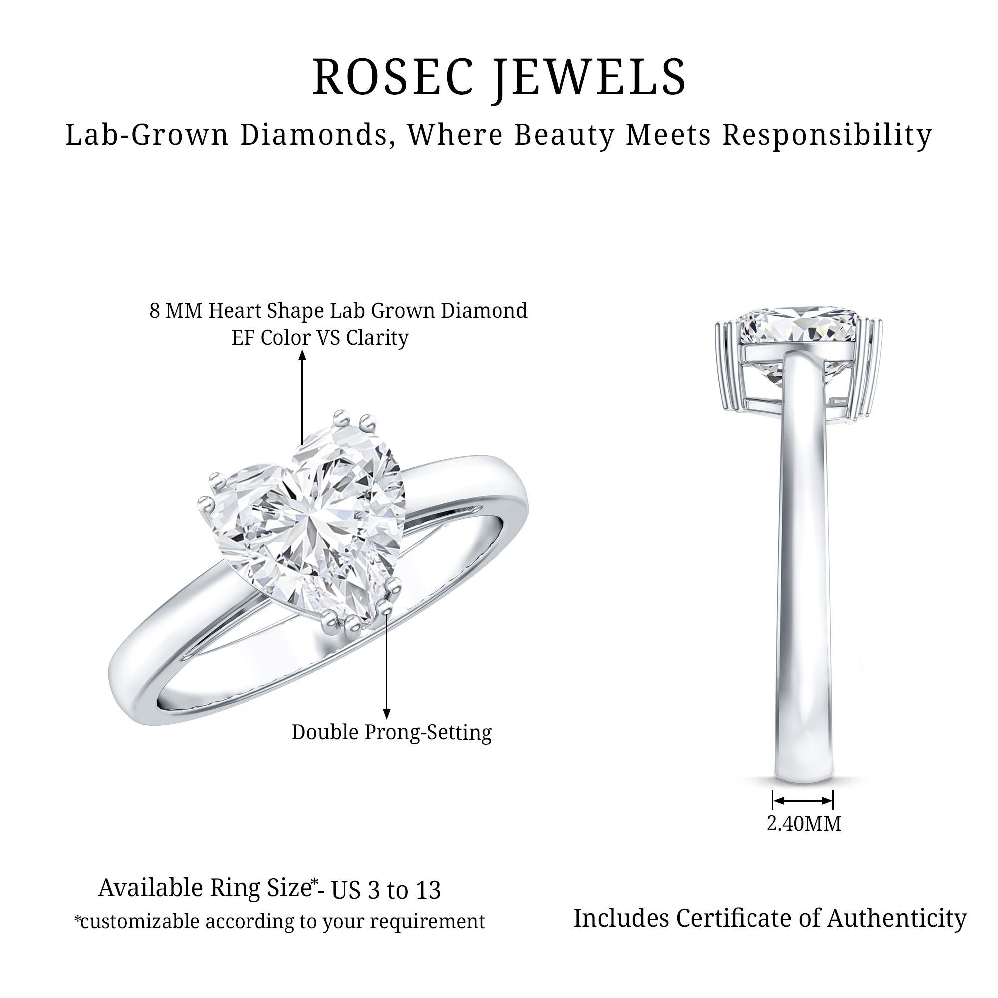 Certified Lab Grown Diamond Heart Engagement Ring 8 MM with Double Prong Lab - ( EF-VS ) - Rosec Jewels