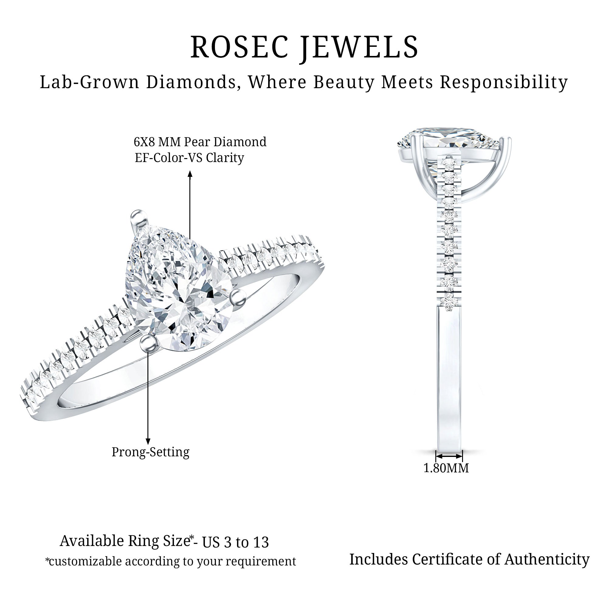 Lab Diamond 6X8 MM Pear Shape Engagement Ring With Side Stones Lab - ( EF-VS ) - Rosec Jewels
