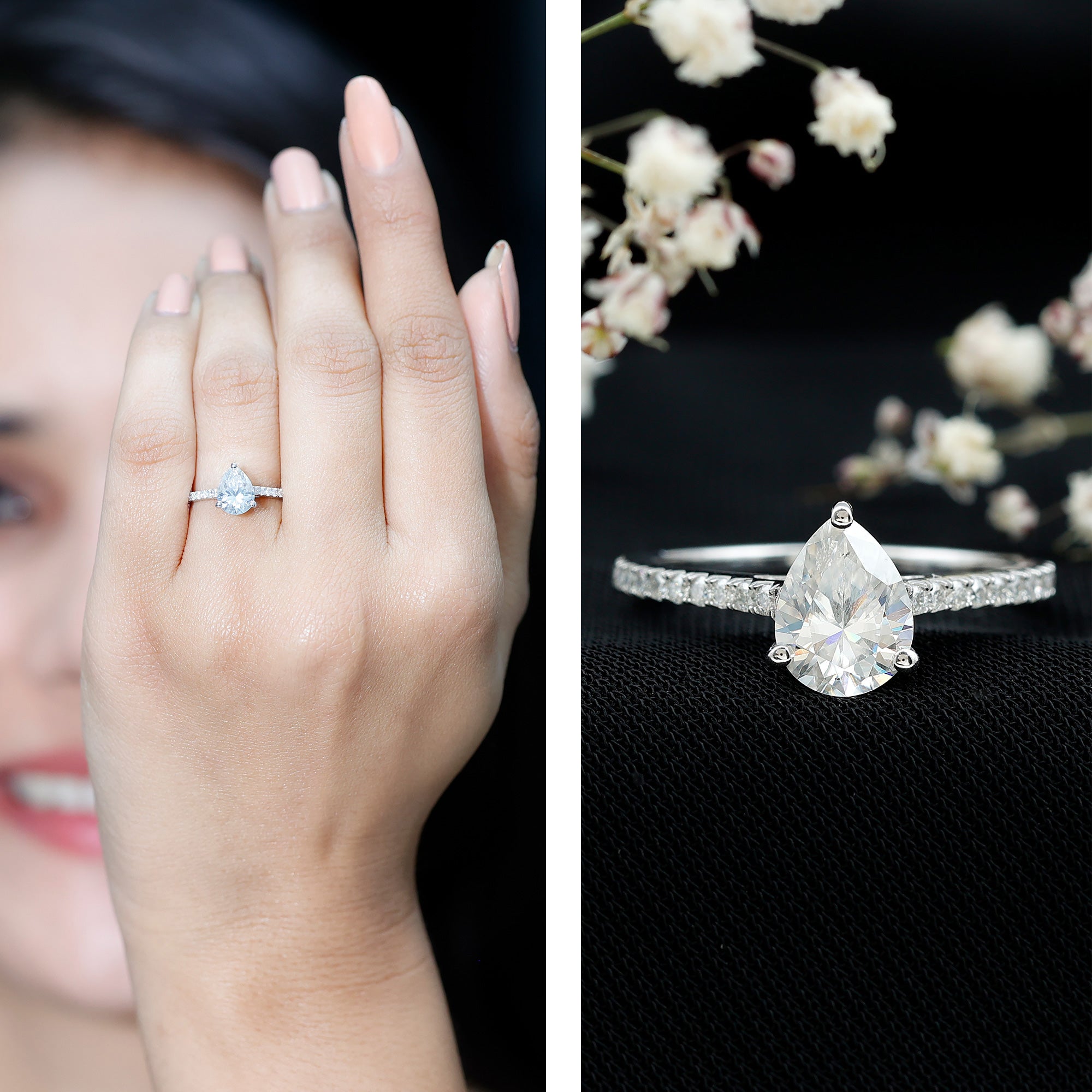 Lab Diamond 6X8 MM Pear Shape Engagement Ring With Side Stones Lab - ( EF-VS ) - Rosec Jewels