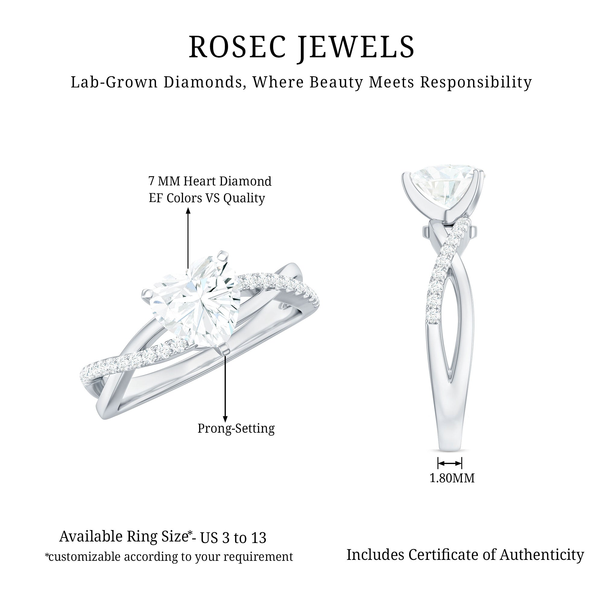 Rosec Jewels-Criss Cross Lab Grown Diamond Heart Engagement Ring